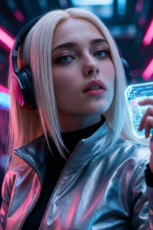 An ultra-realistic,  cyberpunk-inspired portrait of a captivating young woman with long platinum blonde hair. She is weari...