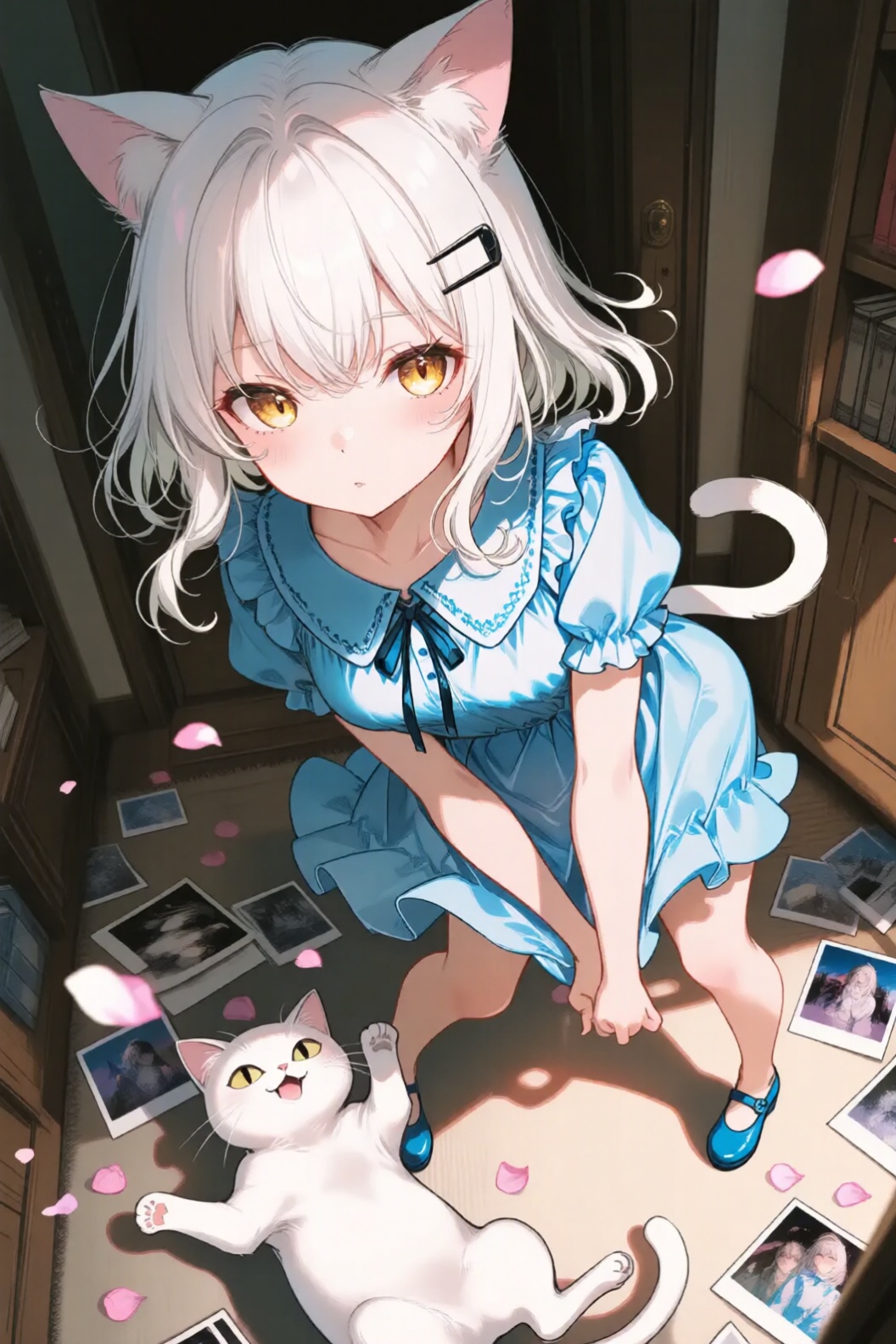 a digital illustration shoot from a birds eye view about a young girl with cat ears and long white hair, wearing a blue dress and blue shoes, standing in a dimly lit room with scattered photos and petals on the floor, on the middle of the image, a 1girl, who appears to be in her early twenties, is standing with her upper body facing the viewer, looking directly at them with a serious expression, she has long, flowing white hair and large, golden eyes that seem to be looking at the viewer, her hair is styled in a way that frames her face, and she has a small black hair clip on her hair, she is wearing a short, blue dress with ruffled sleeves and a bow at the neckline, her blue shoes are blue and she is standing on all fours, with her cat tail curled around her body, in front of her, a white cat is lying on its back, looking up at her with a playful expression, the room has a wooden door and a bookshelf filled with books, and the floor is covered in scattered photos, the lighting is soft and warm, casting gentle shadows, creating a cozy atmosphere,
