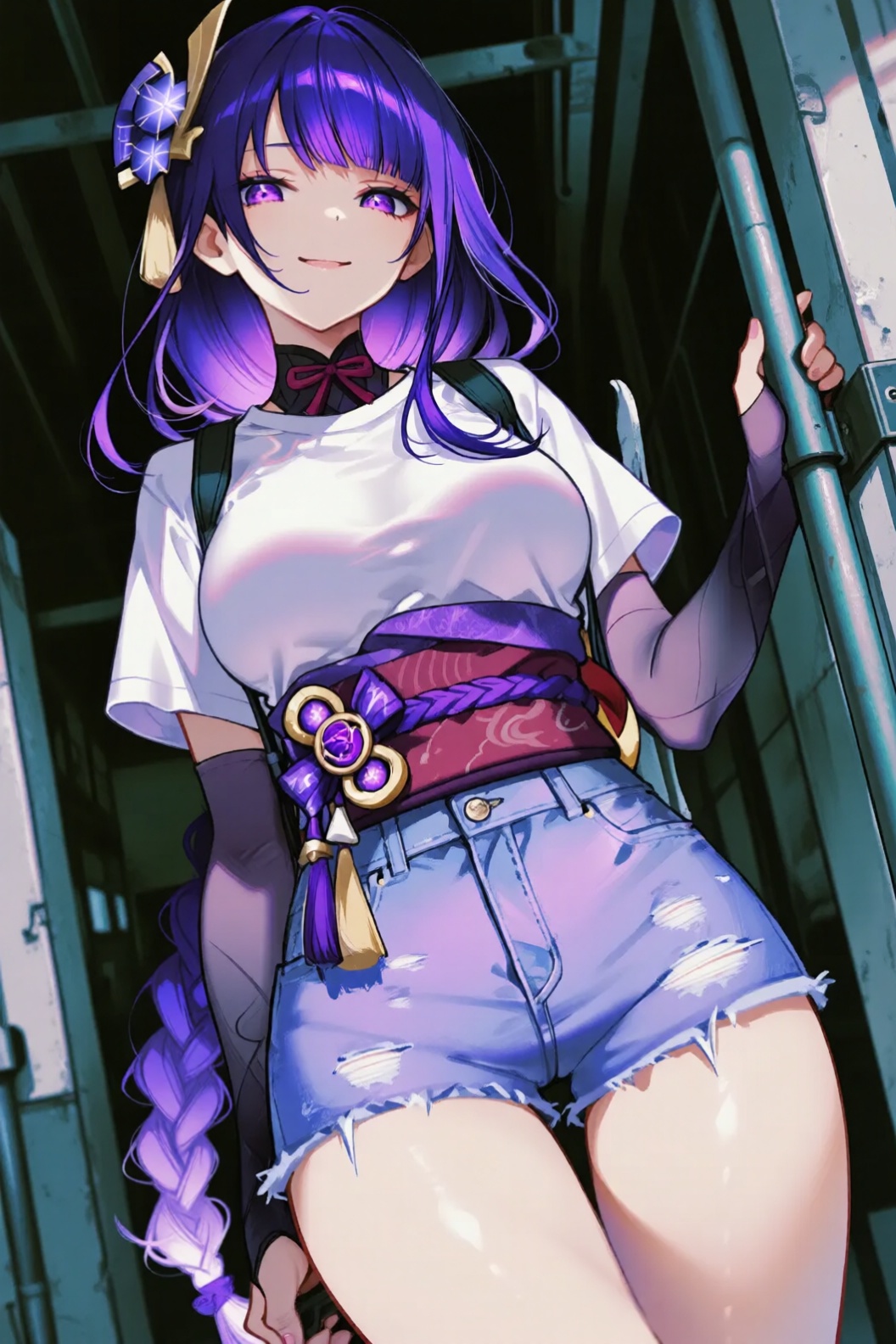 a vibrant and detailed anime-style drawing of a young woman with long, purple hair styled in a braid, standing confidently in the middle of the image, she is wearing a white t-shirt with short sleeves and a purple sash tied around her waist, along with a pair of ripped blue denim shorts, her purple eyes are looking directly at the viewer, and she has a slight smile on her face, her hair is adorned with a hair ornament and she is standing with one hand on her hip and the other resting on a metal pole, the background is a dimly lit, industrial setting with metal beams and a dark, moody atmosphere, the lighting is soft and diffused, highlighting her curves and the texture of her clothing,
