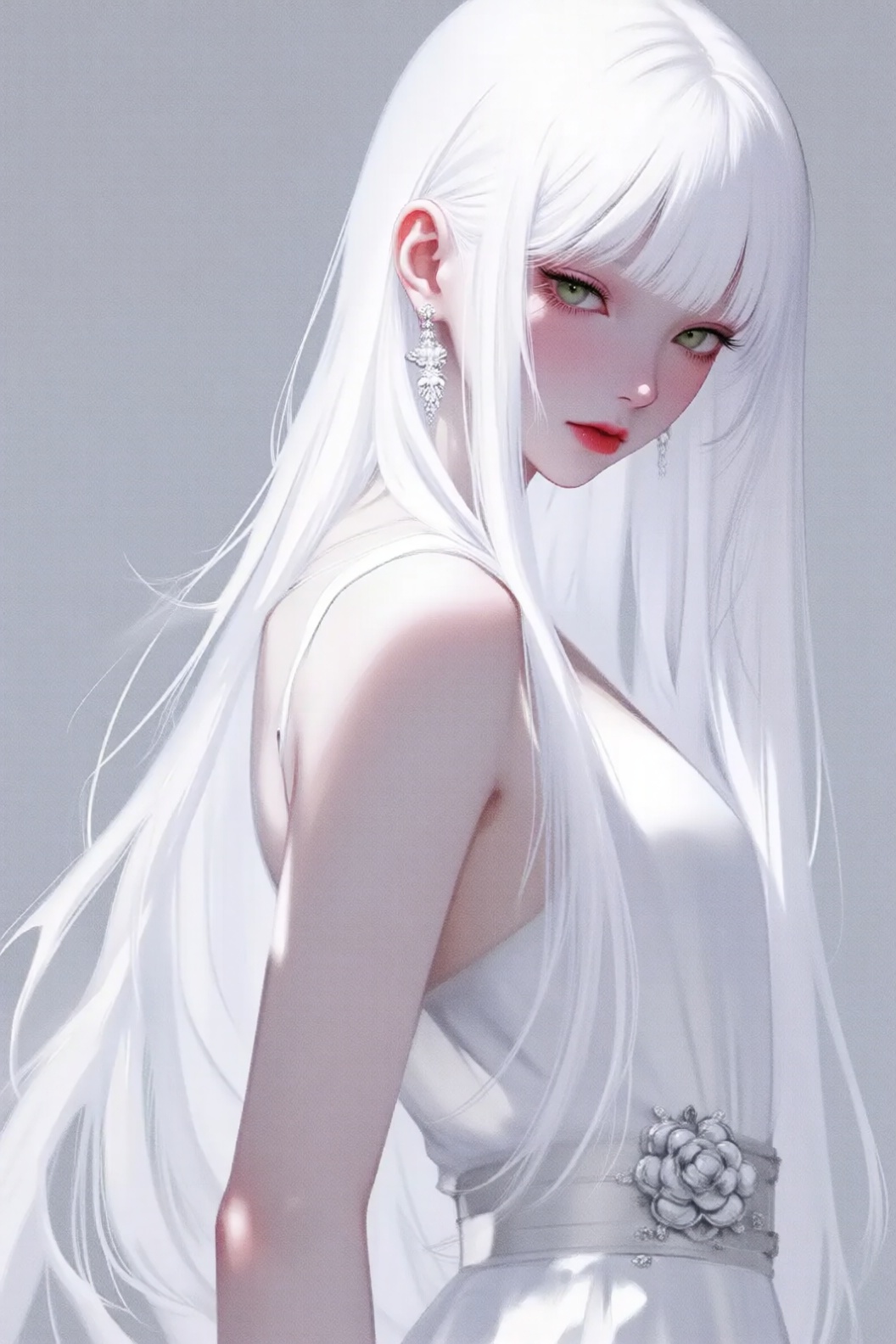 this is a digital illustration of a young woman with long, straight, white hair and fair skin, she has delicate, pink-tinted cheeks and red lips, with large, expressive green eyes, she wears a white, sleeveless dress with a silver belt adorned with a large, intricate floral brooch, her ears are decorated with elegant, silver drop earrings, the background is a simple, light gray, making her the focal point, the art style is highly detailed and realistic, with a soft, almost ethereal quality, the womans expression is gentle and slightly melancholic, adding a touch of vulnerability to the image