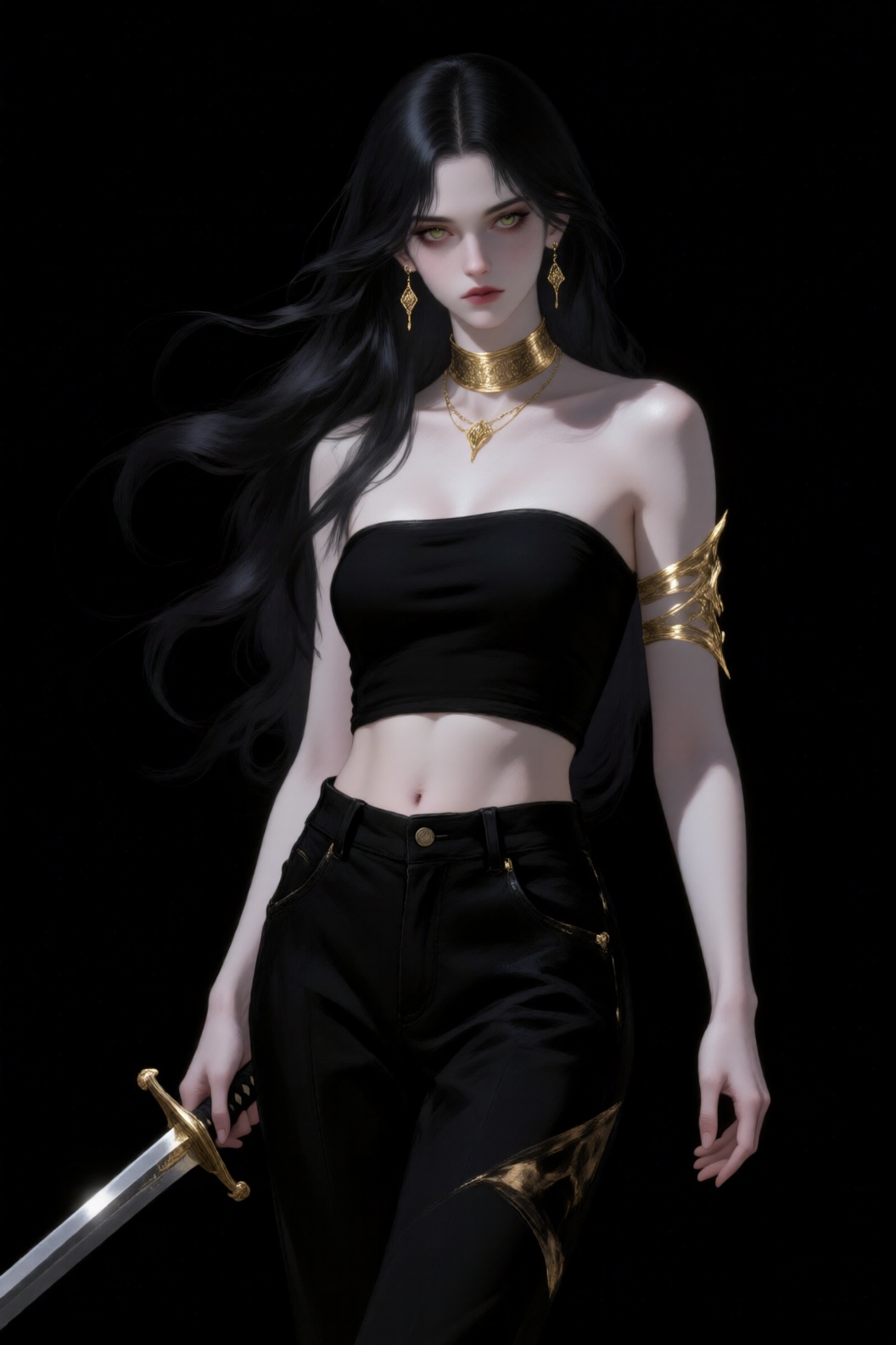 this is a digital painting of a pale-skinned, dark-haired woman with an ethereal, fantasy aesthetic, she has long, flowing black hair, striking green eyes, and a serious expression, she wears a black, strapless crop top that reveals her toned midriff, and high-waisted black pants with gold accents on the hips, a gold choker necklace and matching arm cuff adorn her, and she holds a sword with a gold hilt in her right hand, her earrings are also gold and intricate, the background is solid black, making her figure stand out, the art style is realistic with a fantasy theme, emphasizing her otherworldly beauty and warrior-like presence