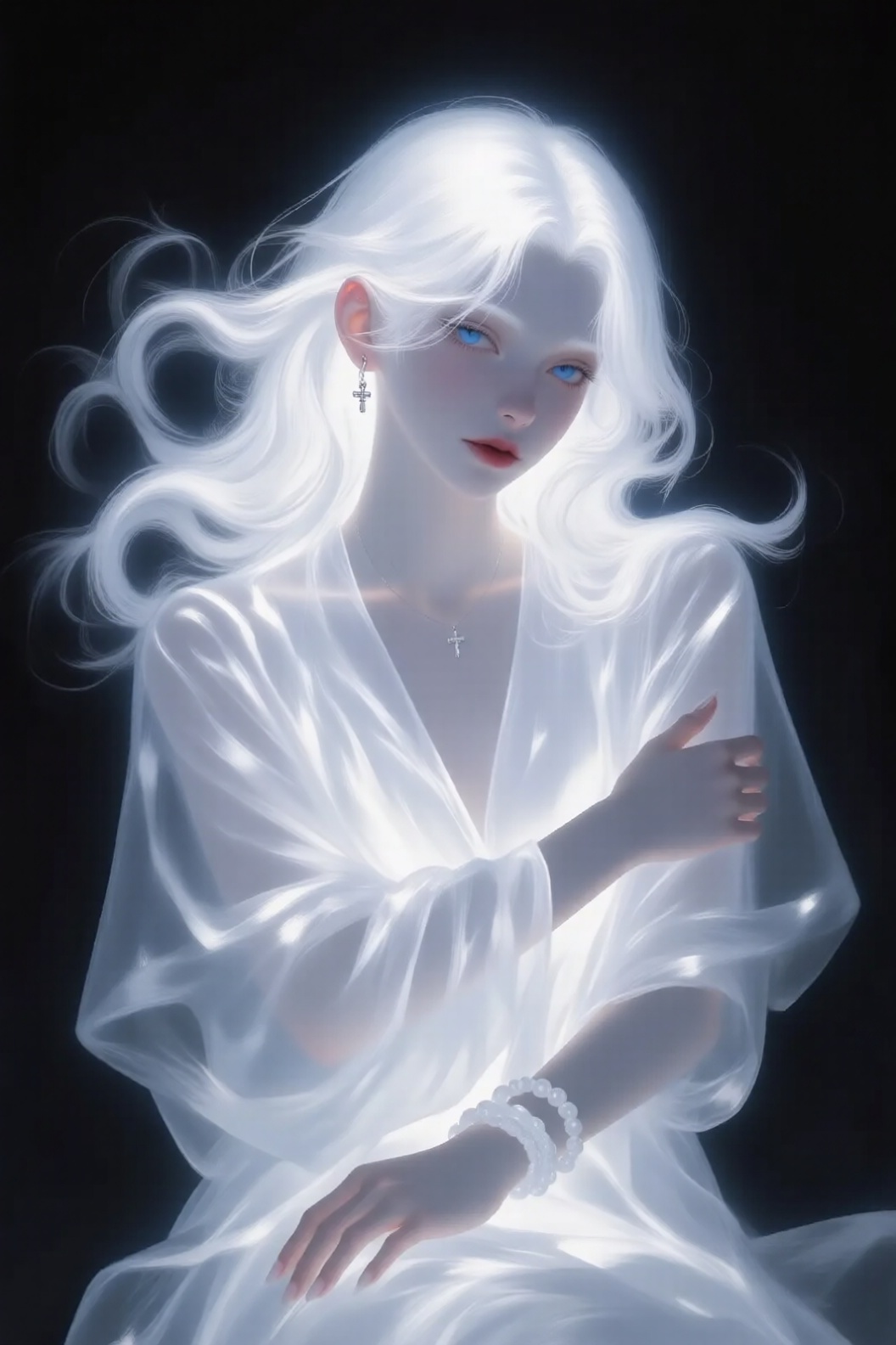 this digital painting depicts a ethereal, pale-skinned woman with long, flowing white hair and striking blue eyes, she wears a translucent, white, semi-sheer robe that softly drapes over her slender frame, her delicate features are accentuated by subtle blush and red lips, she has a small, silver cross earring in her left ear and a matching necklace with a small pendant, her right arm is crossed over her chest, while her left arm rests on her lap, adorned with a white, beaded bracelet, the background is a dark, almost black gradient, which makes her luminous appearance stand out, the lighting creates a soft glow around her hair and robe, adding to her otherworldly, ghostly aura, the overall style is highly realistic with a fantasy, ethereal feel