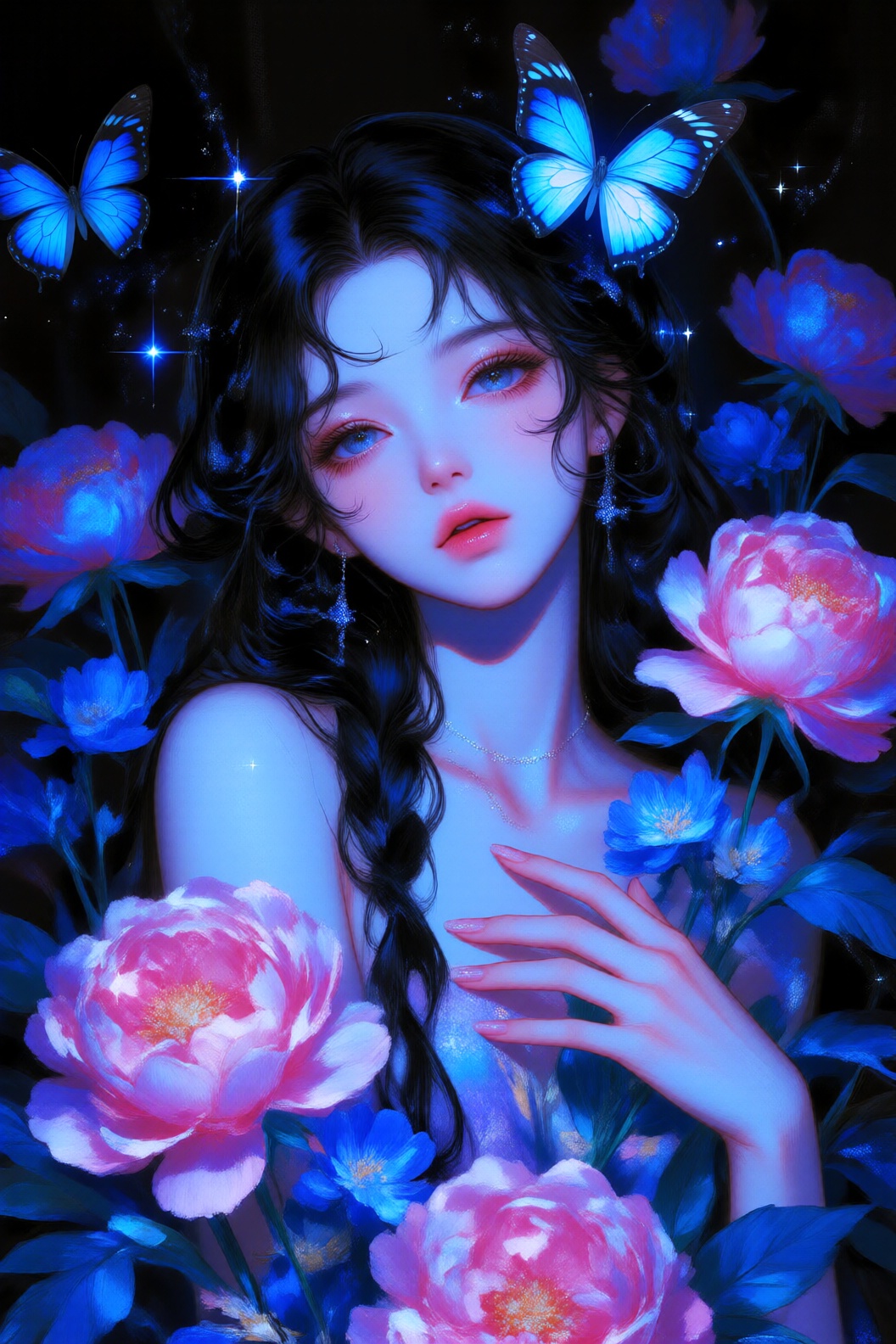 this digital artwork features a beautiful, ethereal young woman with pale skin and long, wavy black hair, partially braided, adorned with blue butterfly wings on her head, she has large, expressive blue eyes with pinkish lips slightly parted, she wears a delicate necklace and small, dangling earrings, her right hand gently touches her chest, while her left hand rests among vibrant pink peonies and blue flowers, the background is dark, highlighting the luminous blue butterflies and sparkling stars around her, the image has a dreamy, almost magical quality, with a vivid color palette and a soft, glowing light that emphasizes the subjects delicate features and the floral surroundings