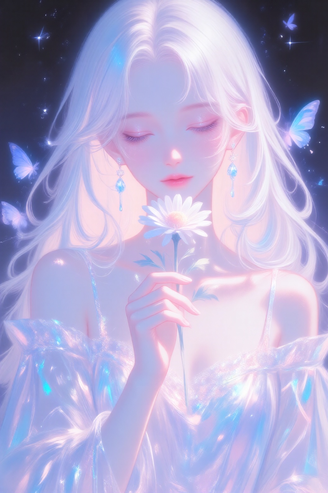 this digital artwork depicts a delicate, ethereal young woman with long, flowing white hair and fair skin, her eyes are closed, and she holds a white daisy close to her face with a gentle, serene expression, she wears an off-shoulder, translucent, iridescent dress with sparkling blue and pink hues, and dangling blue gemstone earrings, the background is a dark, starry night, illuminated by soft, glowing butterflies, the overall style is highly detailed and dreamy, with a pastel color palette and a magical, almost otherworldly atmosphere, the image exudes a sense of calm and beauty, blending realistic and fantastical elements