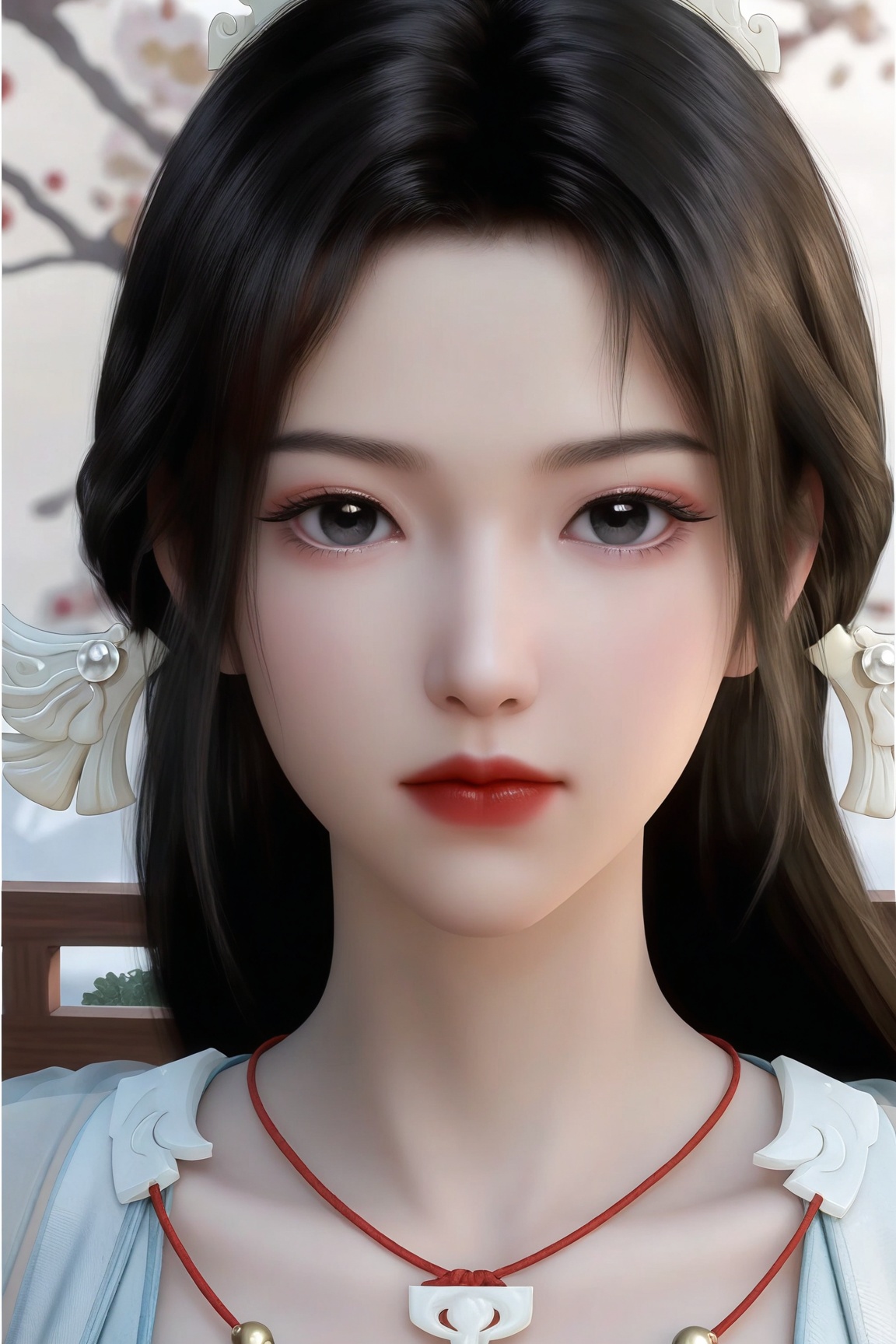 Song yu,1girl, solo, long hair, looking at viewer, black hair, hair ornament, closed mouth, black eyes,red lips 