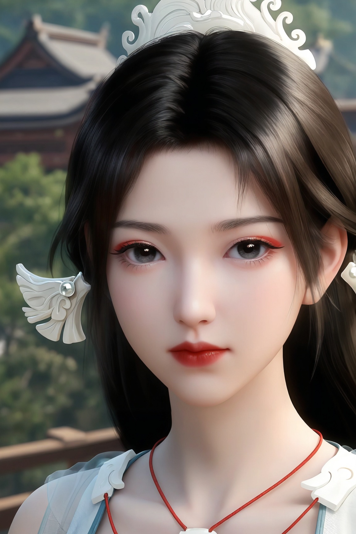 Song yu,1girl, solo, long hair, looking at viewer, black hair, hair ornament, closed mouth, black eyes,red lips 