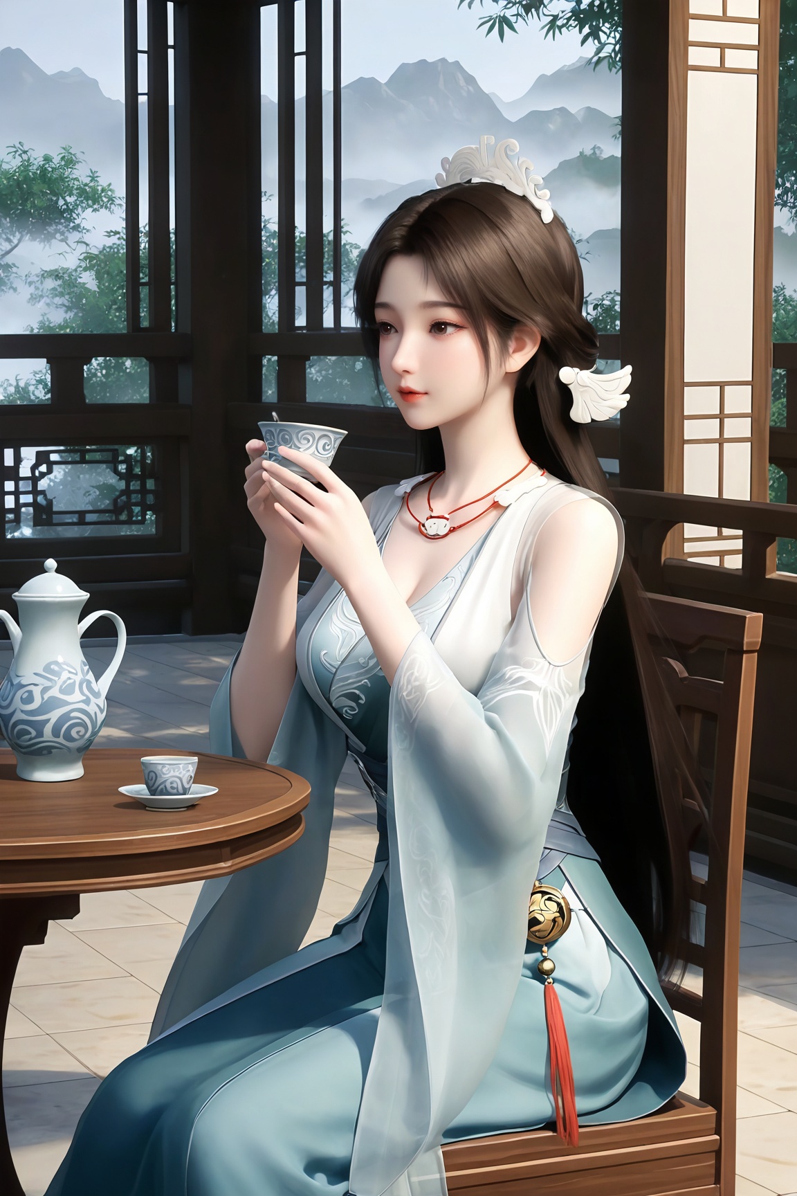 Song yu,1girl,long hair,hair ornament,Round face:1.4, solo, ornament, SY clothes, breasts, no eye shadow, even lighting, Sitting, pavilion, Table, chair, drinking tea, Grasp Extremely gaiwan, side_view, very awa, room background,