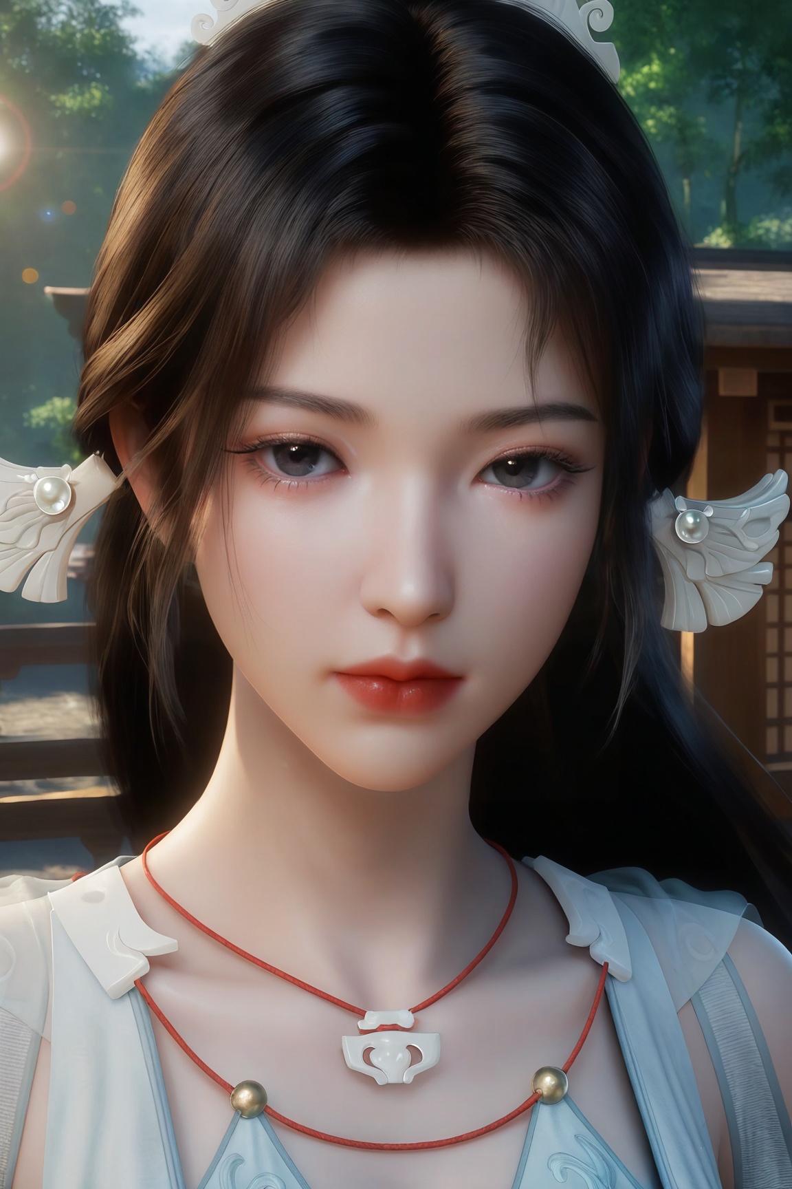 Song yu,1girl, solo, long hair, looking at viewer, black hair, hair ornament, closed mouth, outdoors, black eyes, lips, portrait,red lips 
, very awa, room background,
3D render,sunlight + lens flare, glossy detailed skin, cinematic lighting, photorealistic, sharp focus, vibrant colors, dynamic pose,