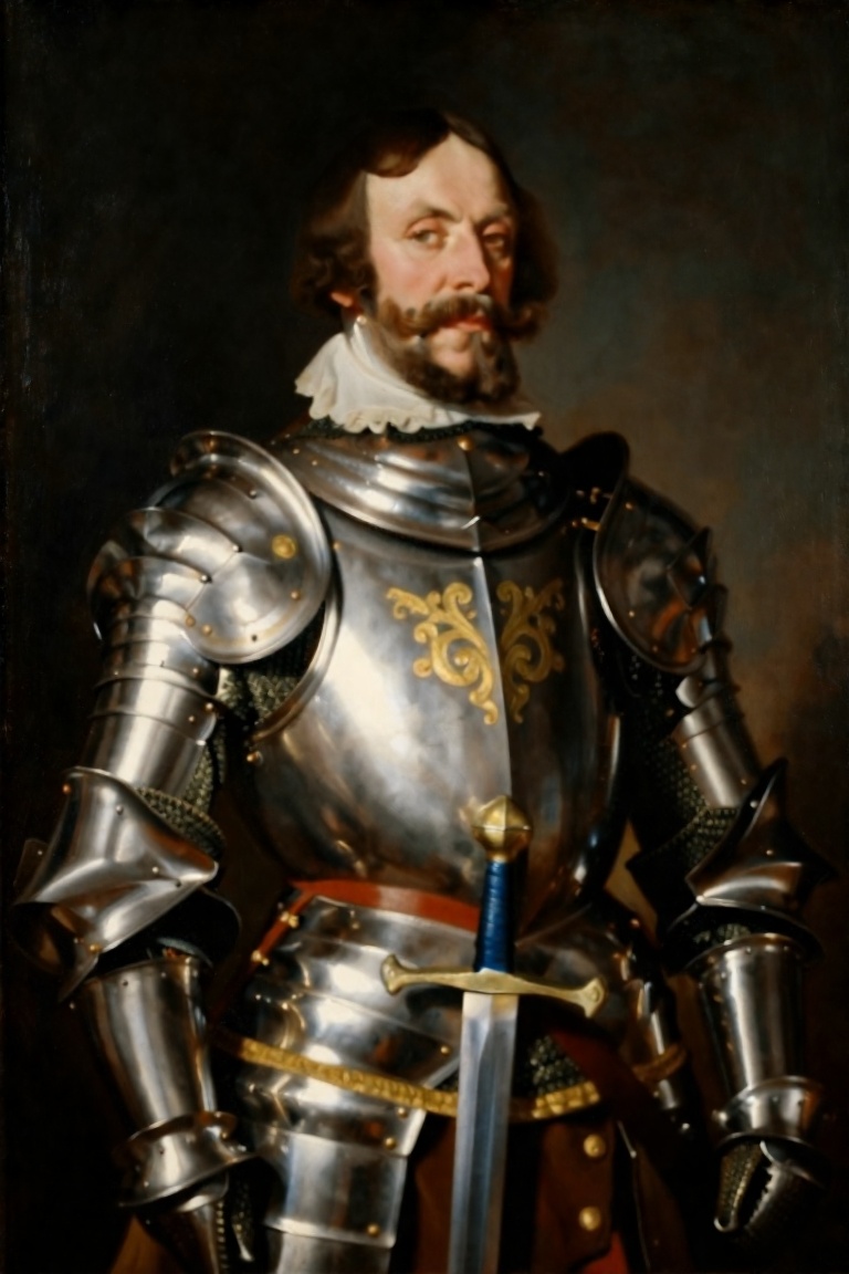 Create an image that captures a historical portrait of a man dressed in elaborate armor,  suggesting he is a figure of sig...