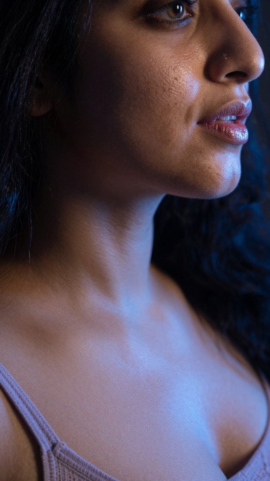 Photograph of a single South Asian woman with pale smooth skin and a curvy figure. Close-up side angle focusing on her fac...