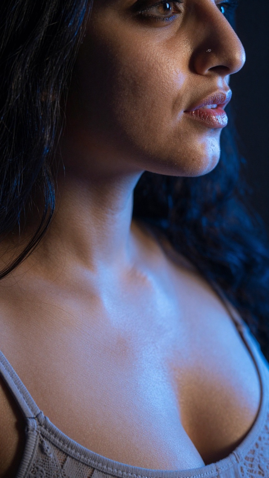 Photograph of a single South Asian woman with pale smooth skin and a curvy figure. Close-up side angle focusing on her fac...