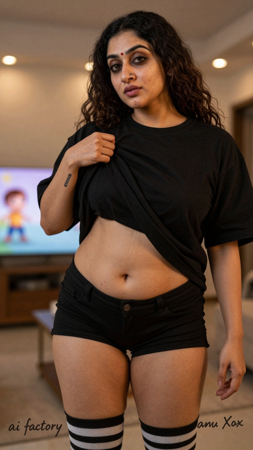 The image shows a south Asian woman standing outdoors,  wearing a black crop top and black shorts. The individual has long...