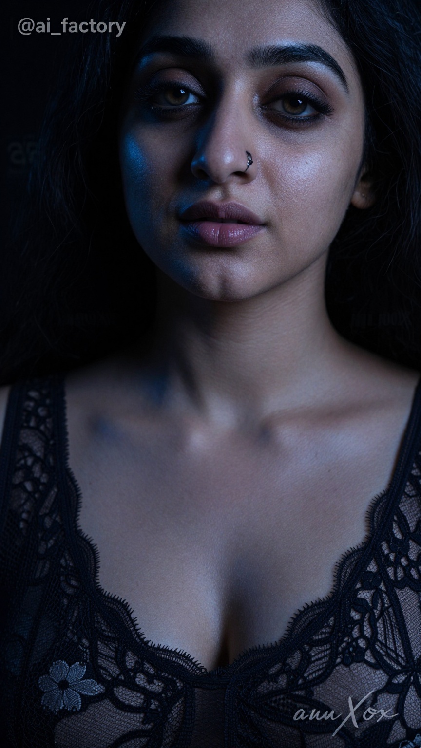 Photograph of a single South Asian woman in her late twenties to early thirties with a curvy,  slightly plump hourglass fi...