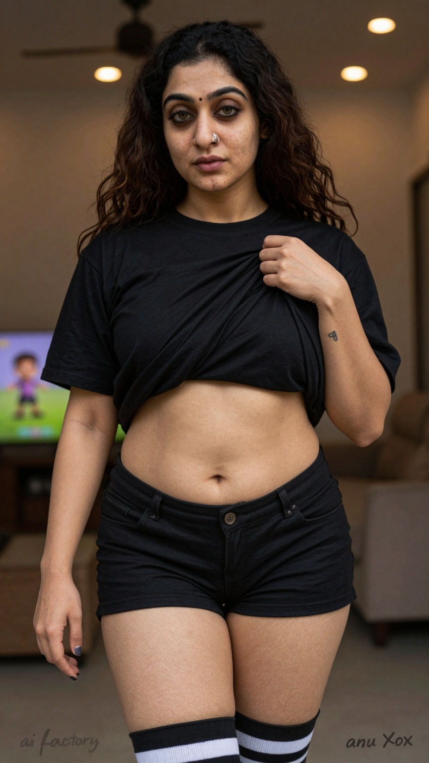 The image shows a south Asian woman standing outdoors,  wearing a black crop top and black shorts. The individual has long...
