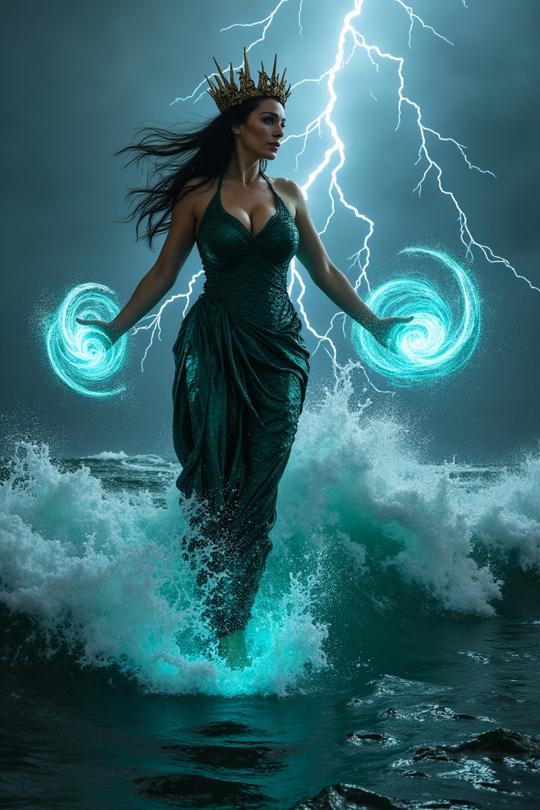 A colossal siren queen rising from storm-torn waters,  full-body low-angle shot,  towering over churning black waves. Crow...