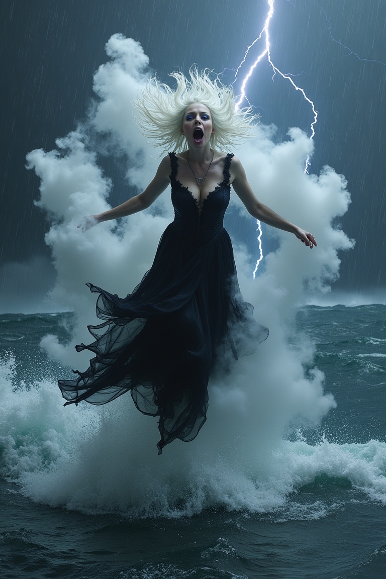 A banshee-siren hybrid hovering above stormy waves,  full-body frontal pose,  suspended mid-air just above churning black...