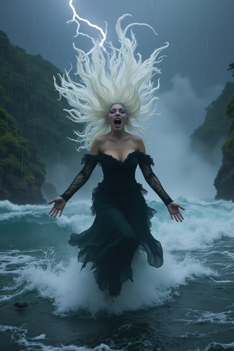 A banshee-siren hybrid hovering above stormy waves,  full-body frontal pose,  suspended mid-air just above churning black...