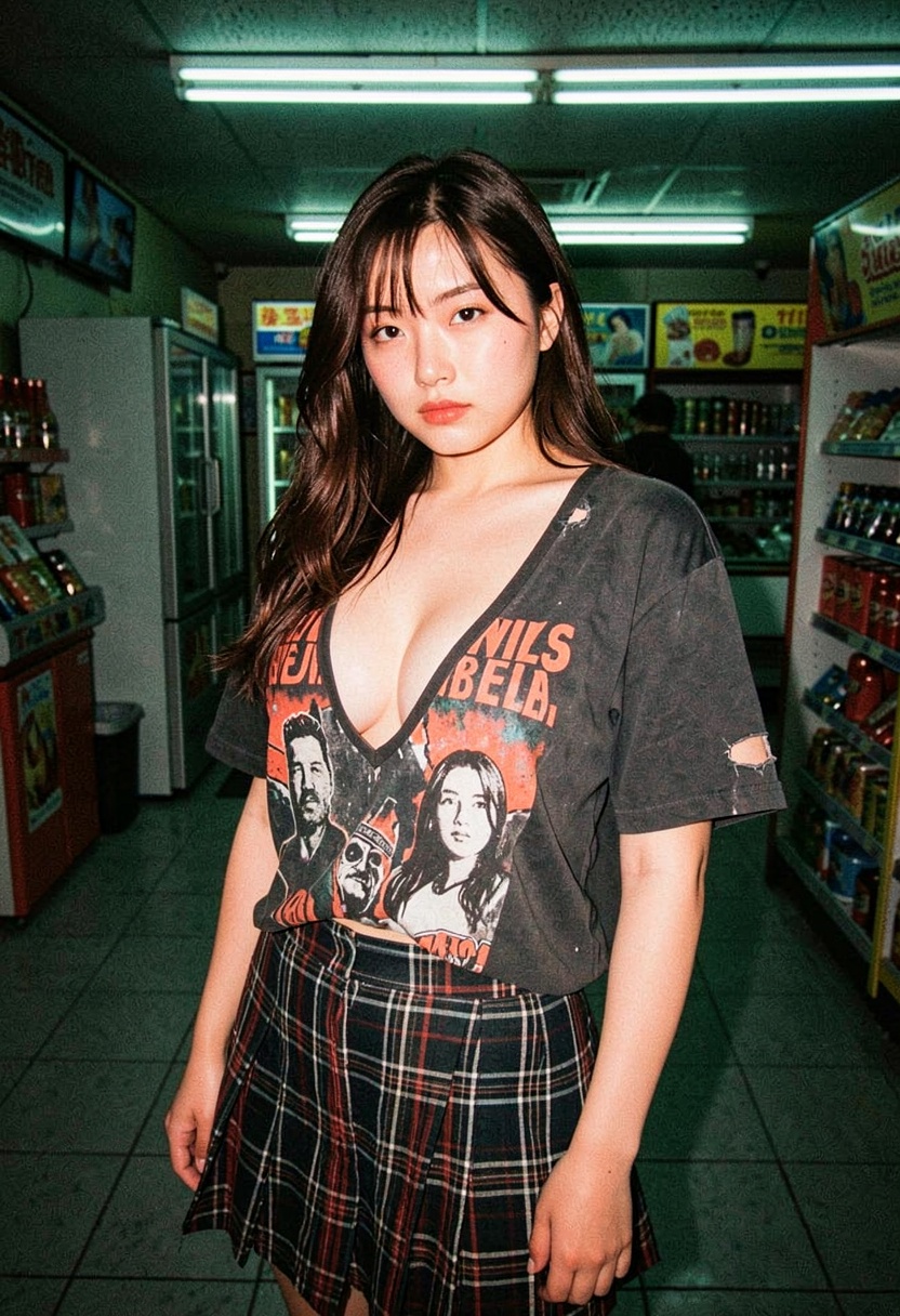 Aesthetic photography of a young chinese natural saggy big breasted ddep cleavage woman under the flickering fluorescent l...