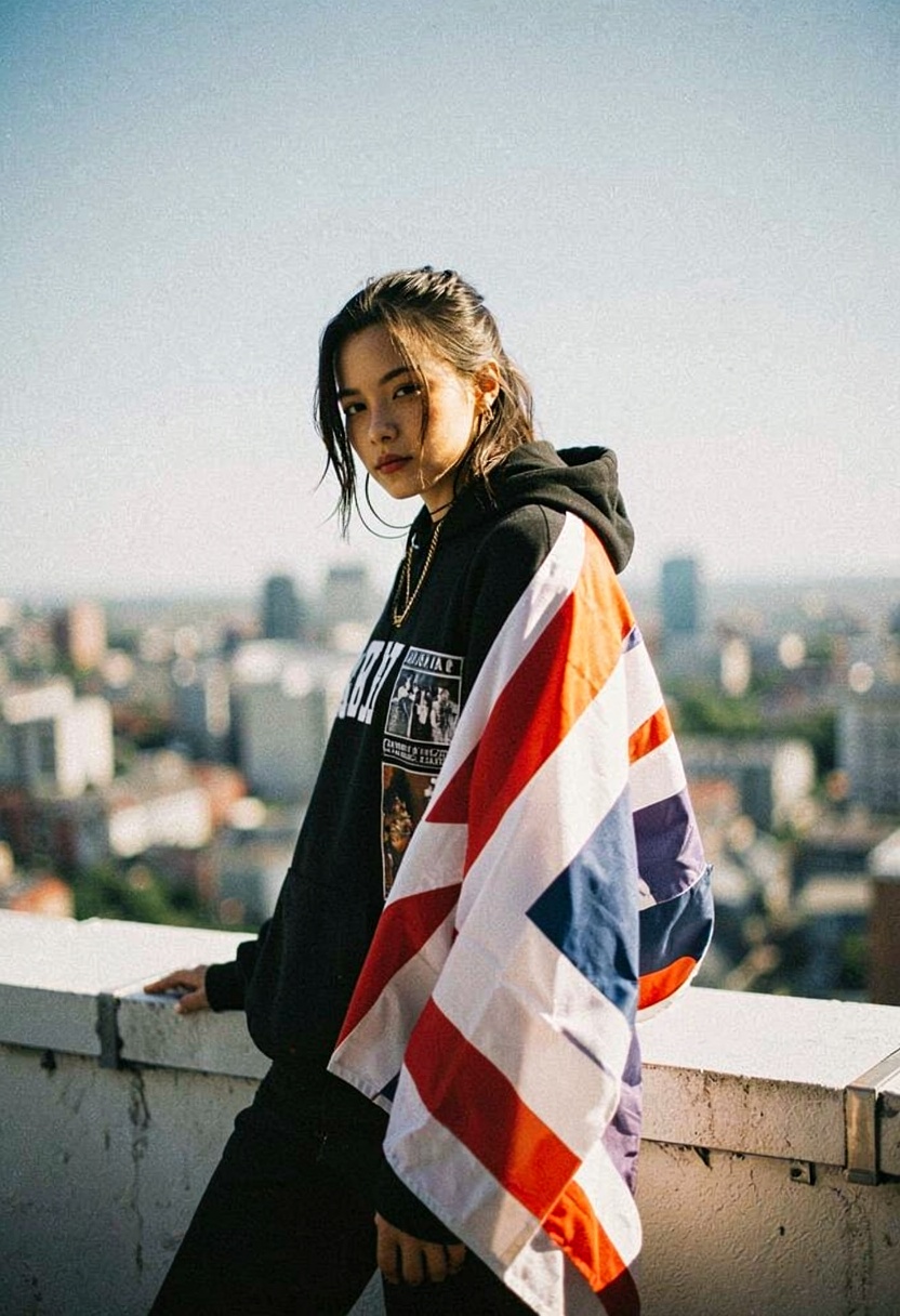 Aesthetic photography featuring a cinematic lo-fi portrait of a girl on a rooftop. Hard sunlight creates sharp shadows acr...