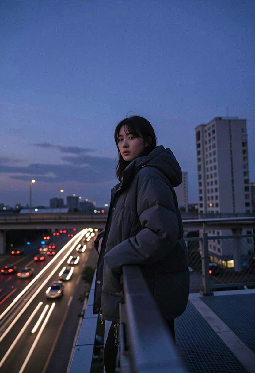 Aesthetic photography of a Chinese woman standing on a pedestrian overpass during the "blue hour." Below her,  the streaks...