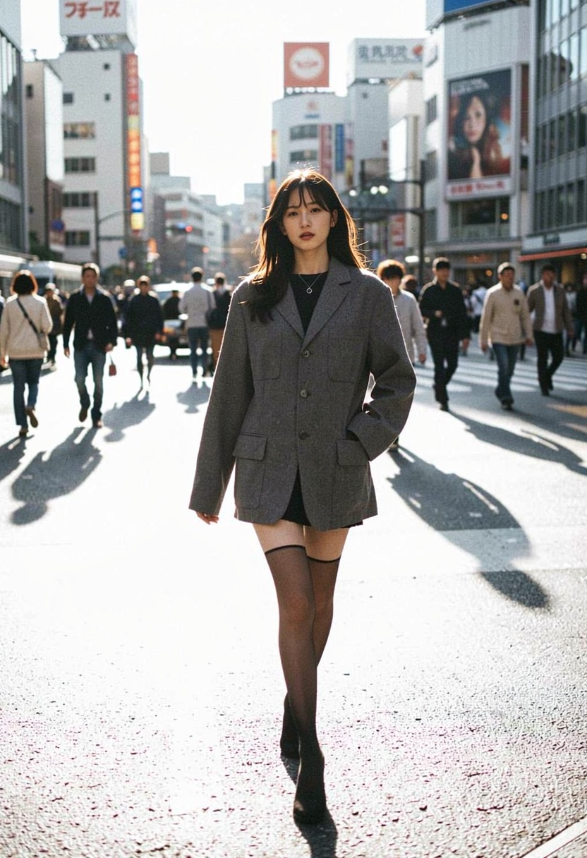 Aesthetic photography of a stylish Japanese woman walking through a sun-drenched Shibuya crossing. She is wearing an overs...
