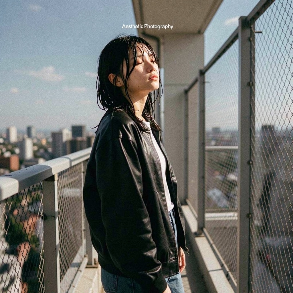 vinnette aesthetic photography depicting a cool,  nonchalant Japanese girl on a high-rise. She is drenched in sunlight,  e...
