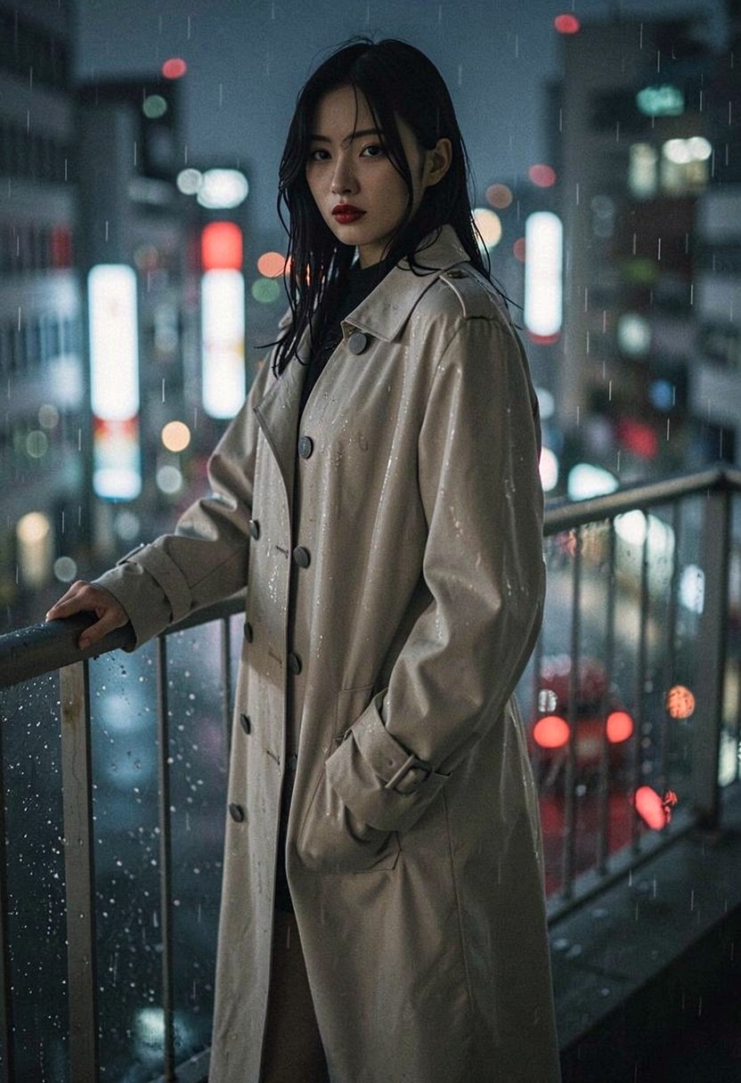 Aesthetic photography of a woman standing on a rainy Tokyo balcony at night. The city lights are blurred into a soft bokeh...