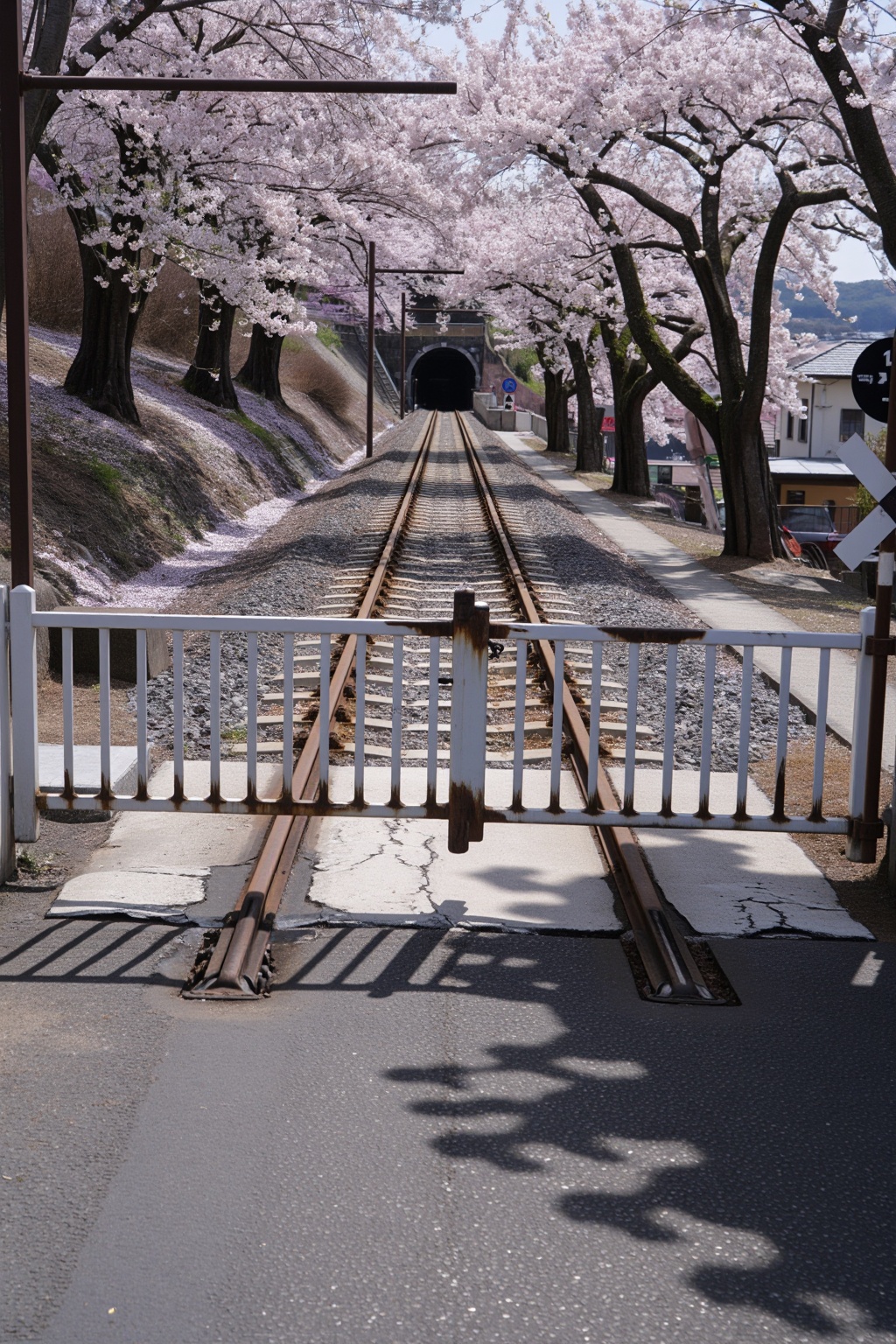 Low-angle from flat ground at hill base looking up slope,  railway crossing on flat ground in foreground firmly rooted,  s...