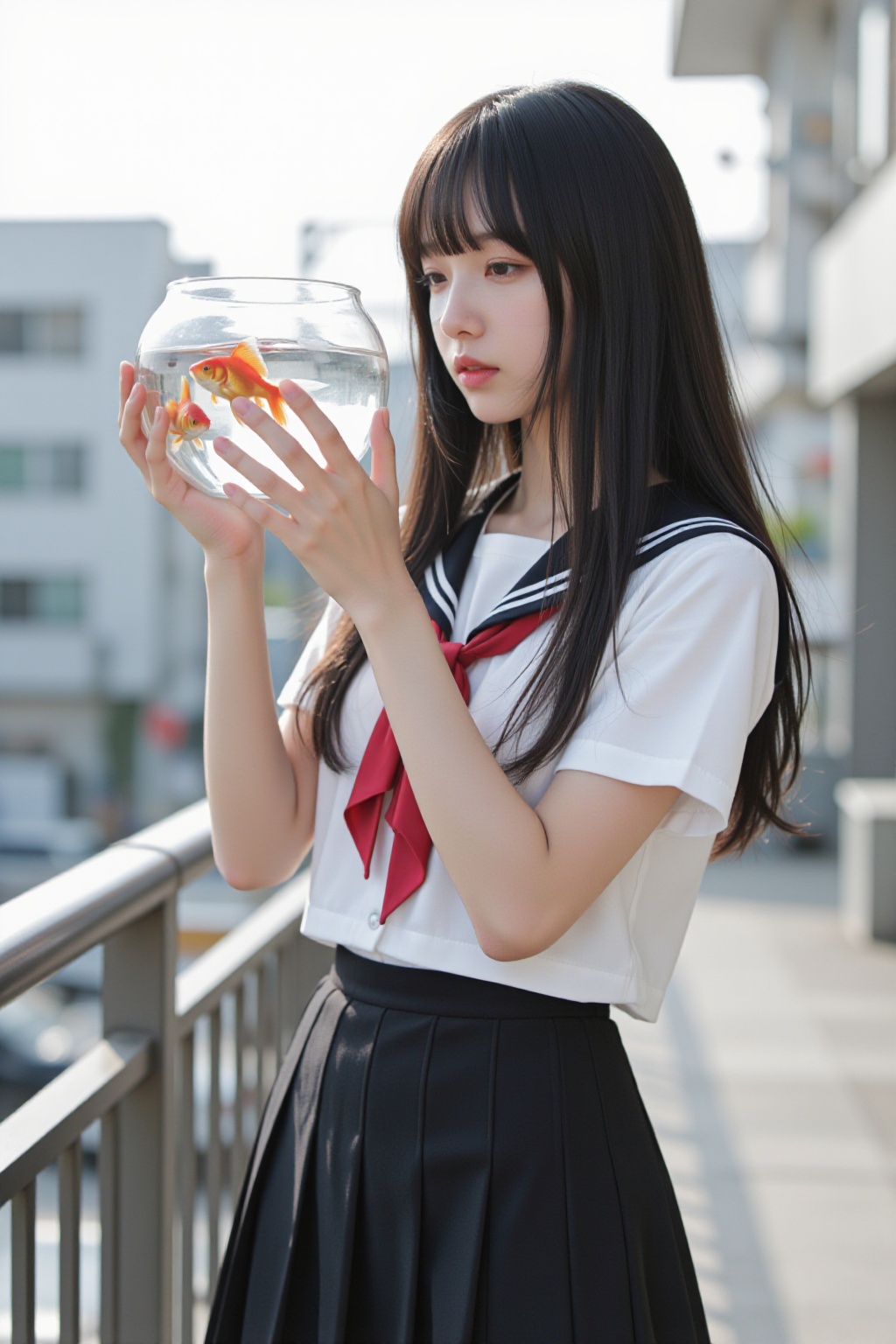 Young Asian woman early-mid 20s with long waist-length straight black hair full blunt bangs,  elegant voluptuous silhouett...