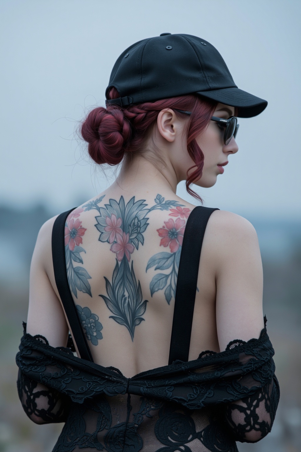 Overcast outdoor lighting with cool cyan color grading and lowered white balance. Teal-biased shadows and reduced skin war...