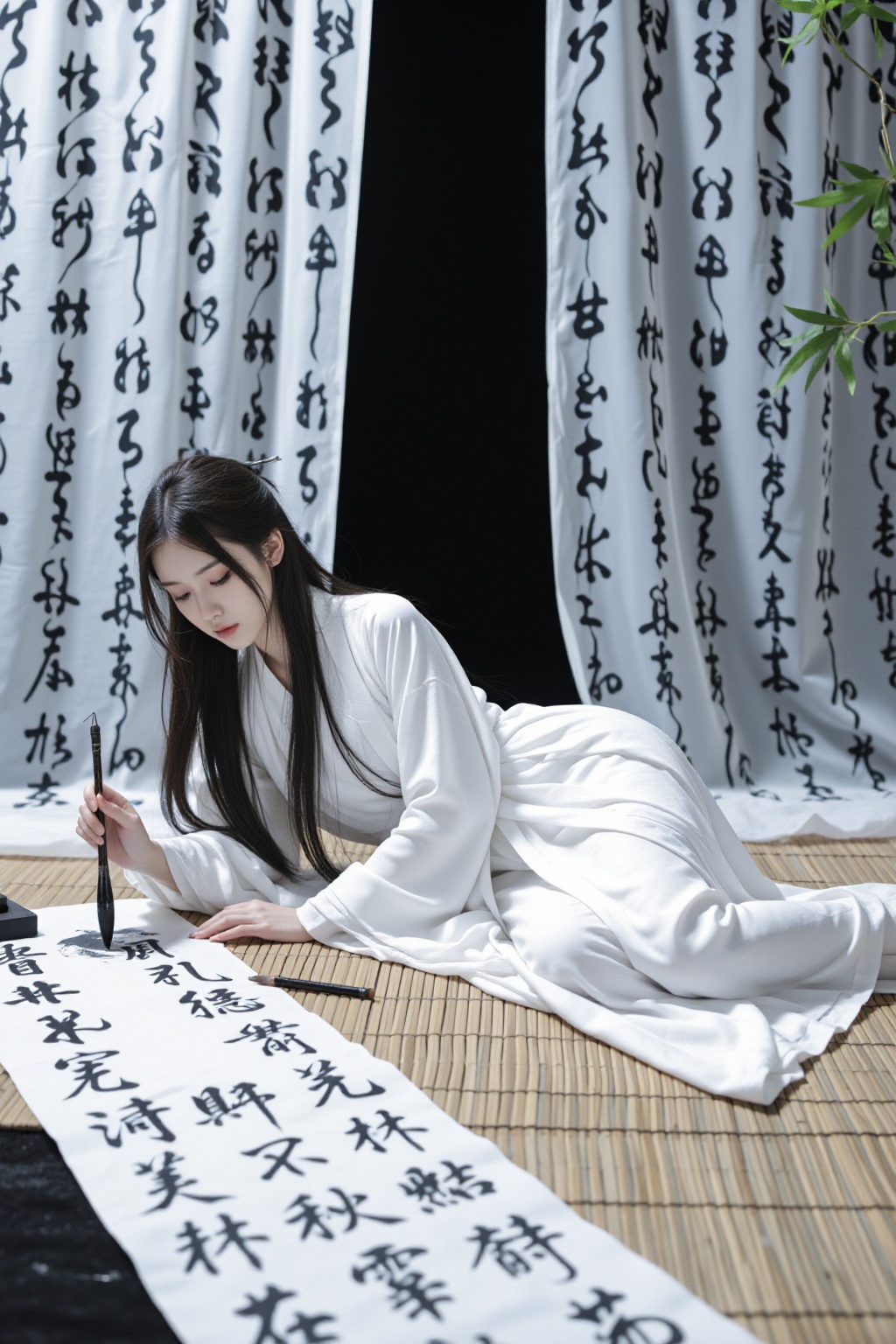 一位身着素雅白色汉服的东方女性,  以侧卧姿态优雅地栖息于浅色竹席之上,  她的长发自然垂落肩头 on Tensor.Art
