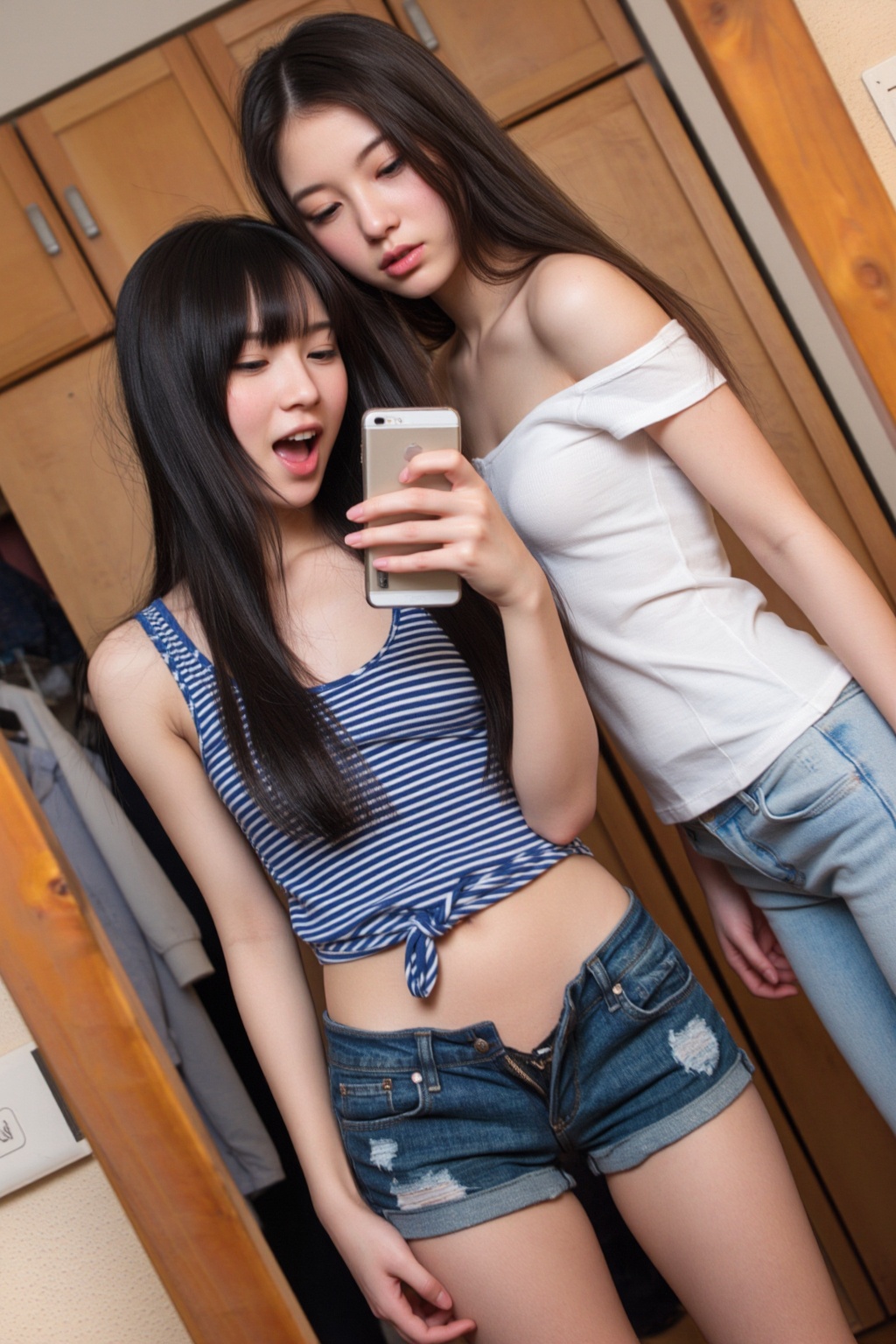 ******* mirror selfie captured on an early 2010s smartphone,  slightly tilted high angle. Two young women posing playfully...