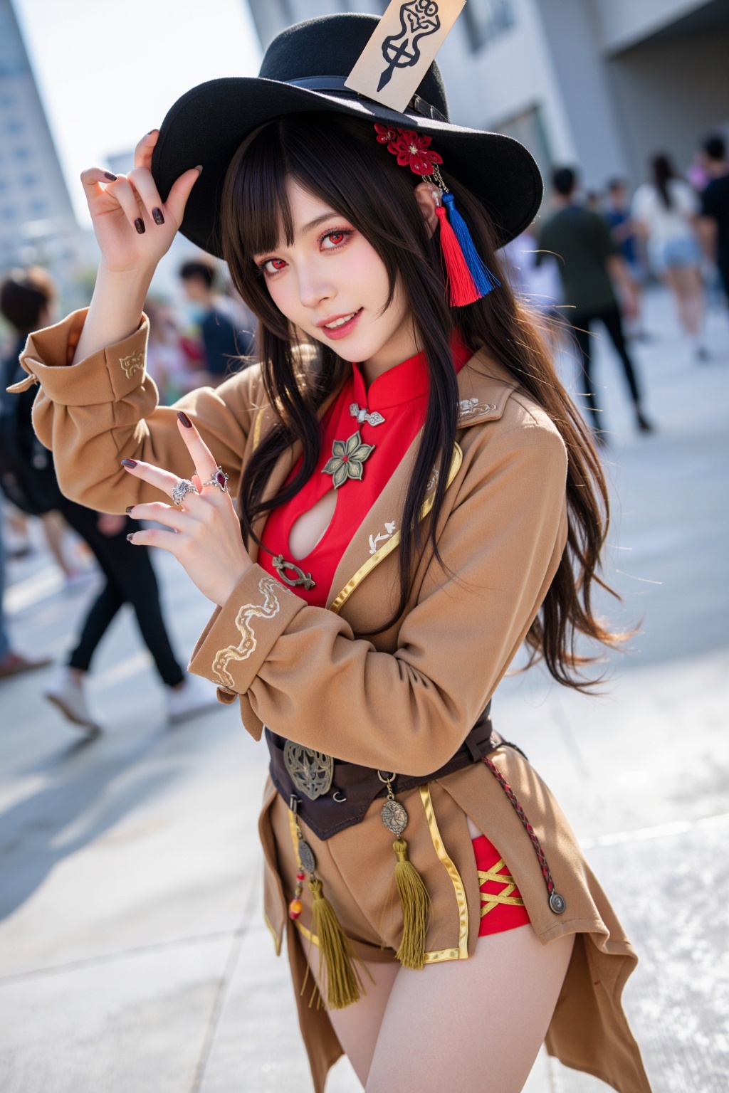 一位身着精致古风服饰的年轻女性角色扮演者,  她拥有深棕色的长发,  发丝柔顺地垂落在肩头 on Tensor.Art
