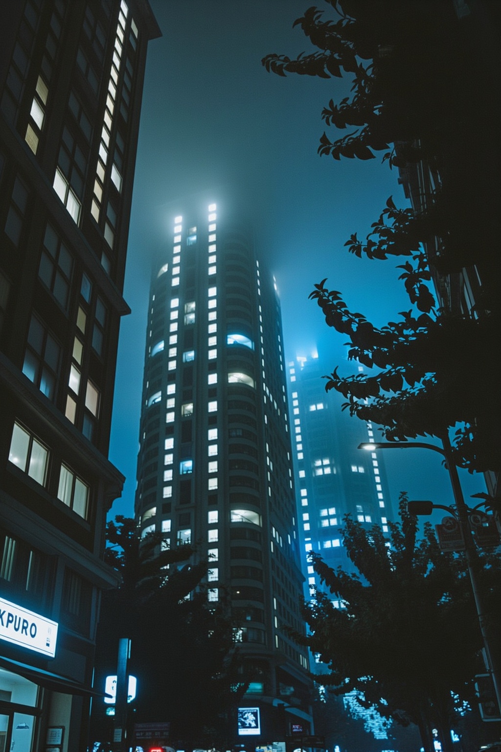 night,  tall buildings shrouded in fog and branches,  sky blue and dark green color scheme on Tensor.Art