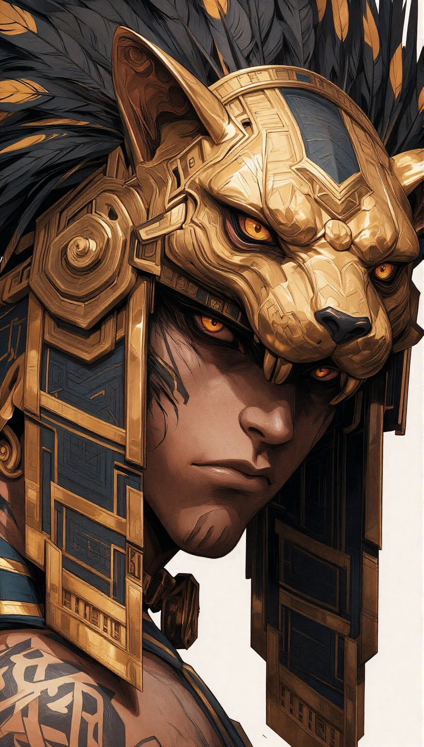 This detailed anime-style illustration depicts a fierce warrior wearing an elaborate golden jaguar-shaped headdress. The c...
