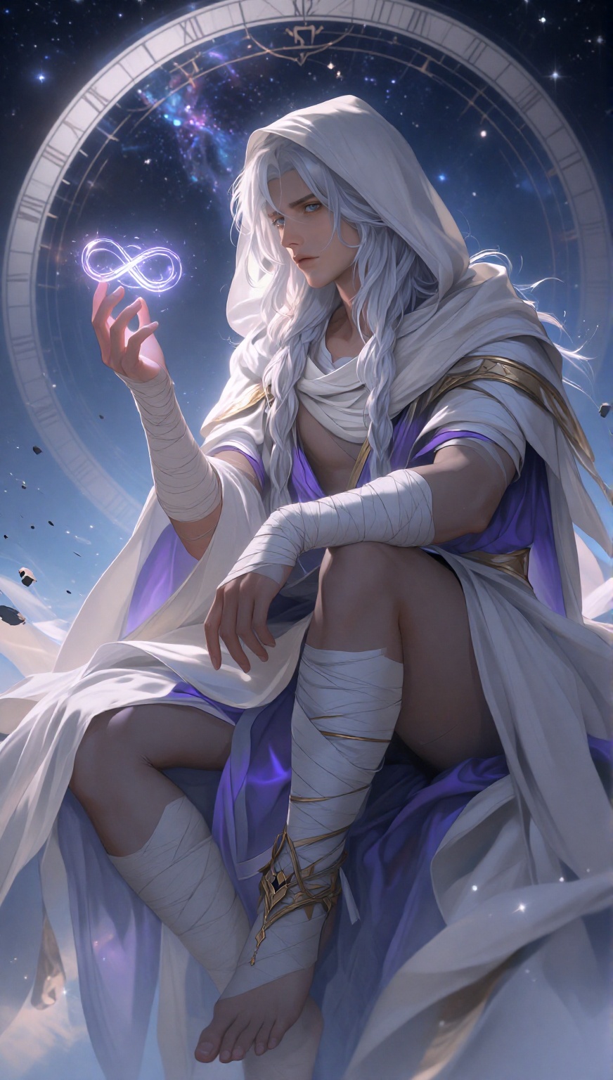 A young man with pale skin and long,  wavy white hair,  styled with a side-swept fringe that partially covers his left eye...