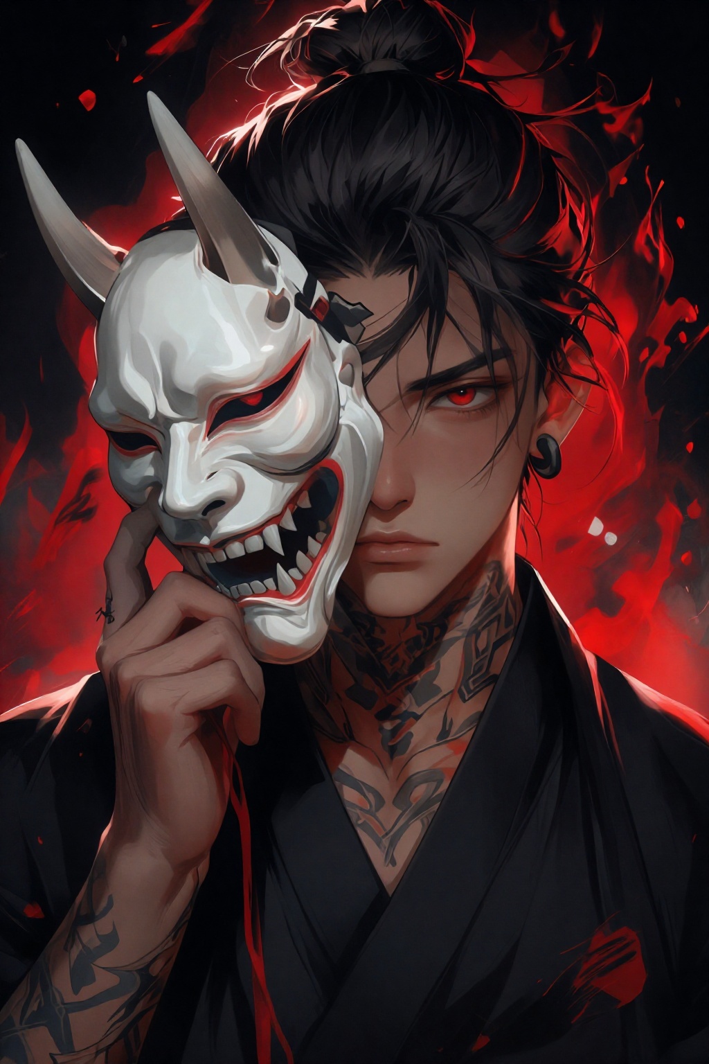 A young man with dark,  messy hair tied in a top knot,  piercing red eyes by AI_Wired on Tensor.Art