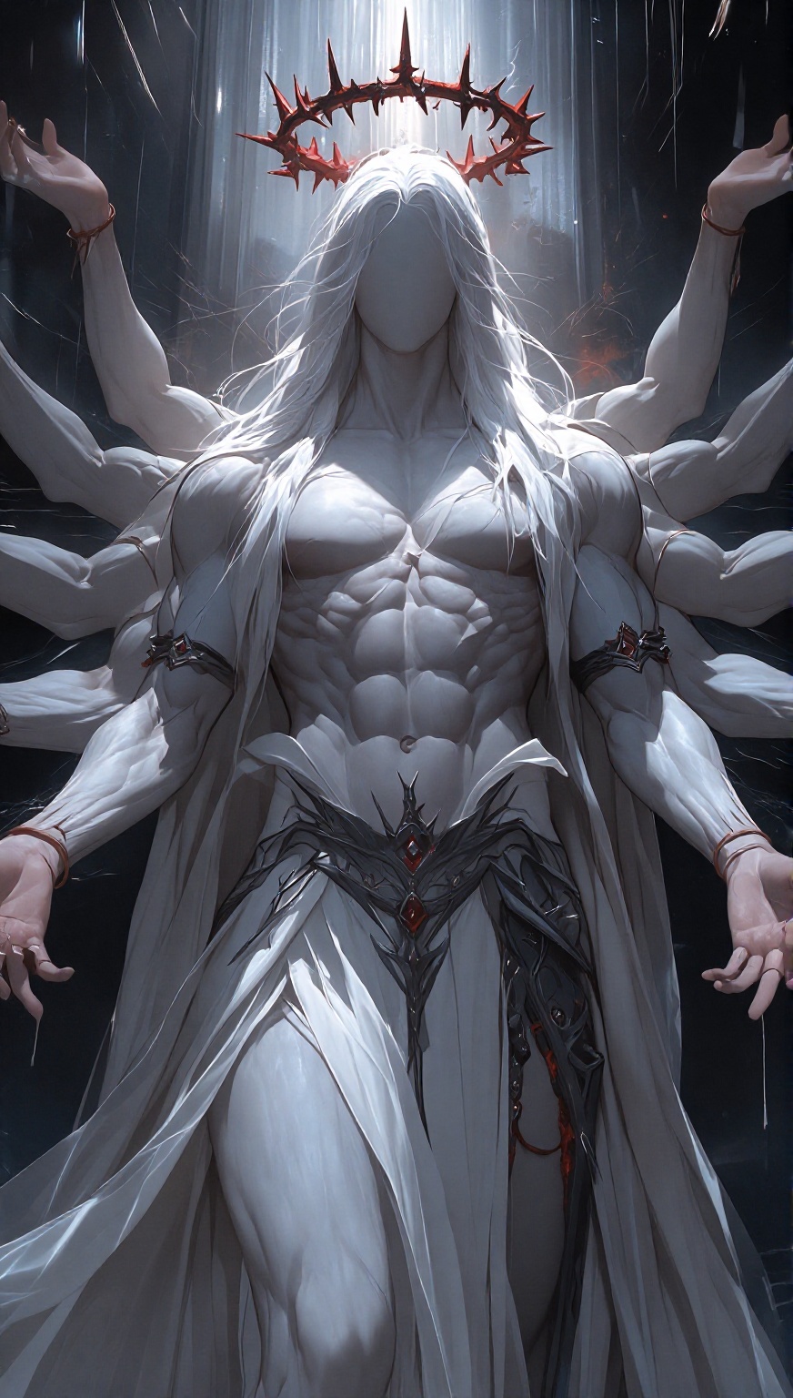 A hyper-muscular,  androgynous divine being with extremely defined abs and pectorals,  pale skin by AI_Wired on Tensor.Art