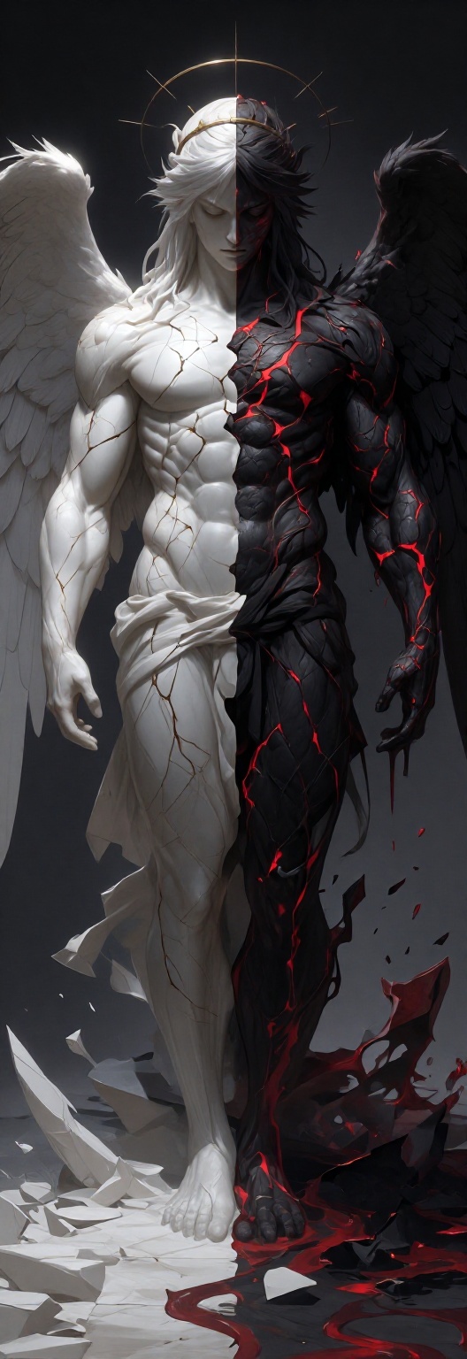 An anime illustration style of a powerful,  male angelic with toned body being split down the middle. The left half of its...