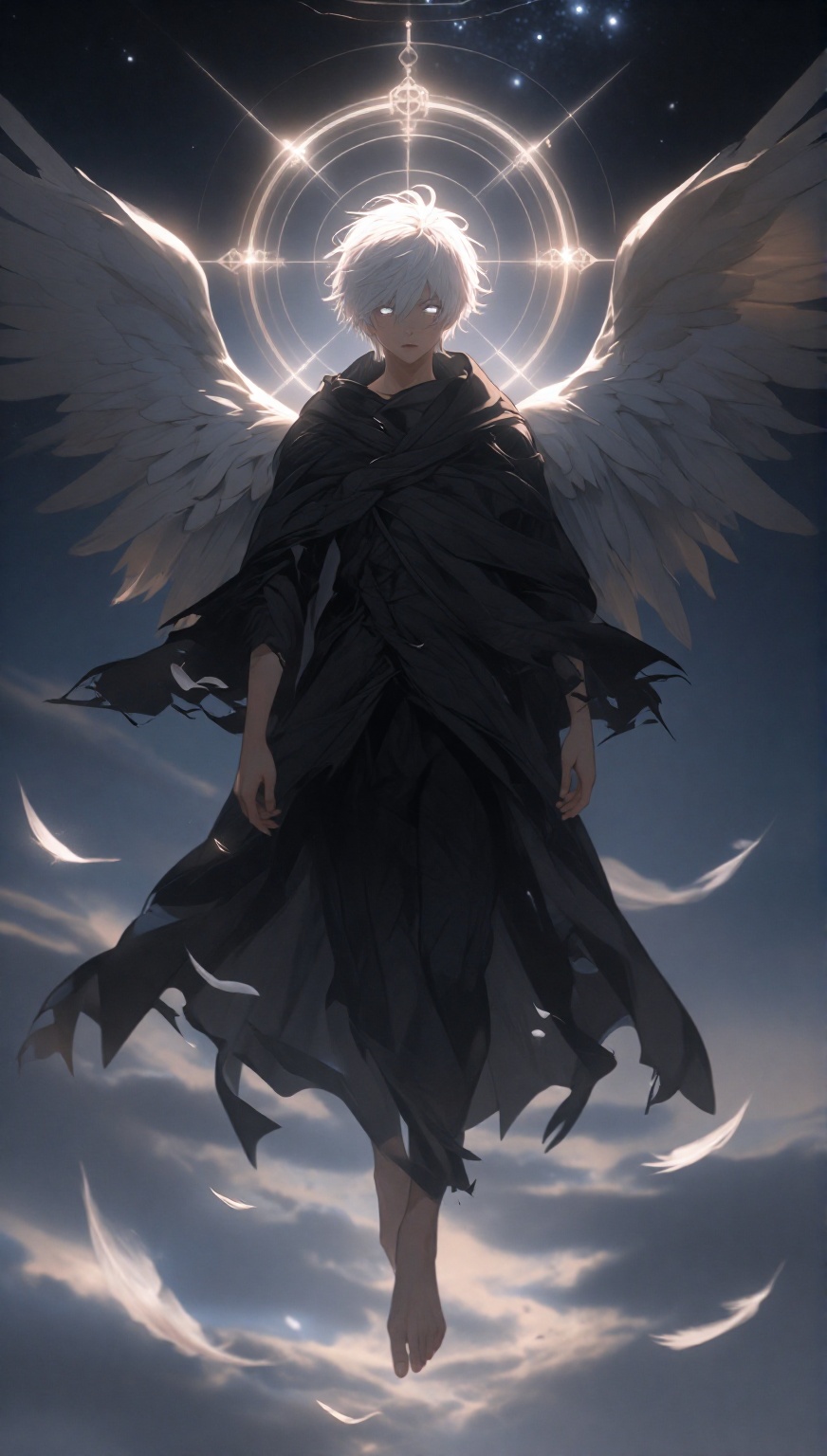 A young male angel with short,  messy white hair and glowing white eyes. He wears a flowing,  tattered black cloak that dr...