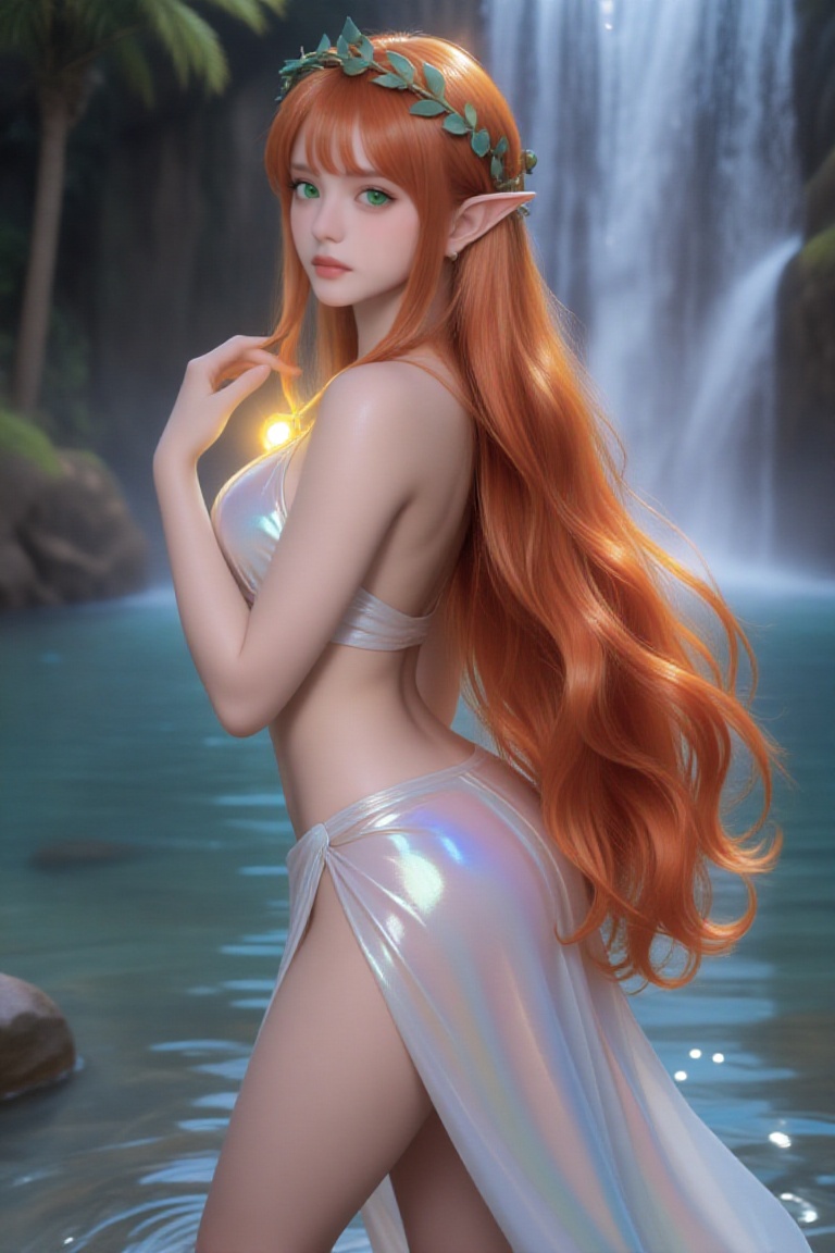 ((cowboy shot)),  side view from slightly above,  looking toward the viewer. Elegant elf woman standing in shallow crystal...