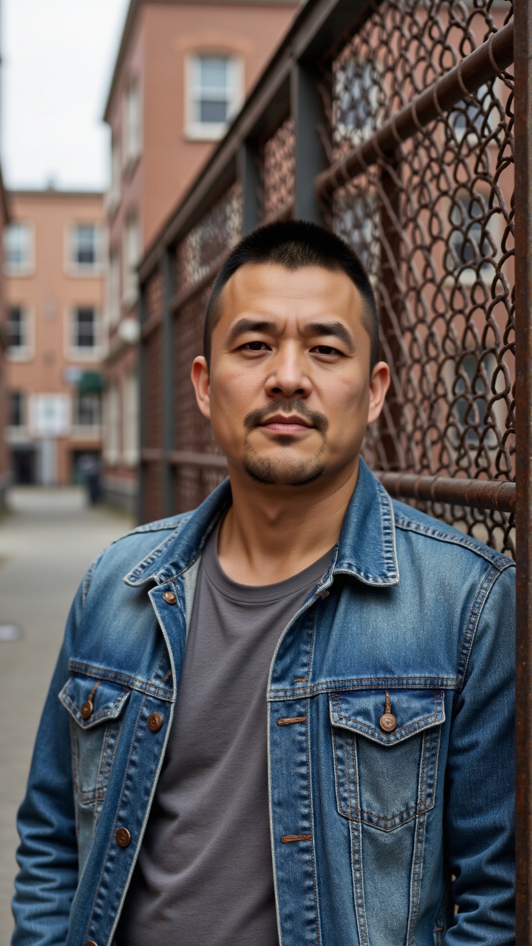 nsjs, A 30-year-old man with short, crisp hair, wearing a faded denim jacket over a plain t-shirt, leaning against a rusted metal fence in an industrial alley, his jawline sharp and gaze steady, oozing a raw, unpolished masculinity,