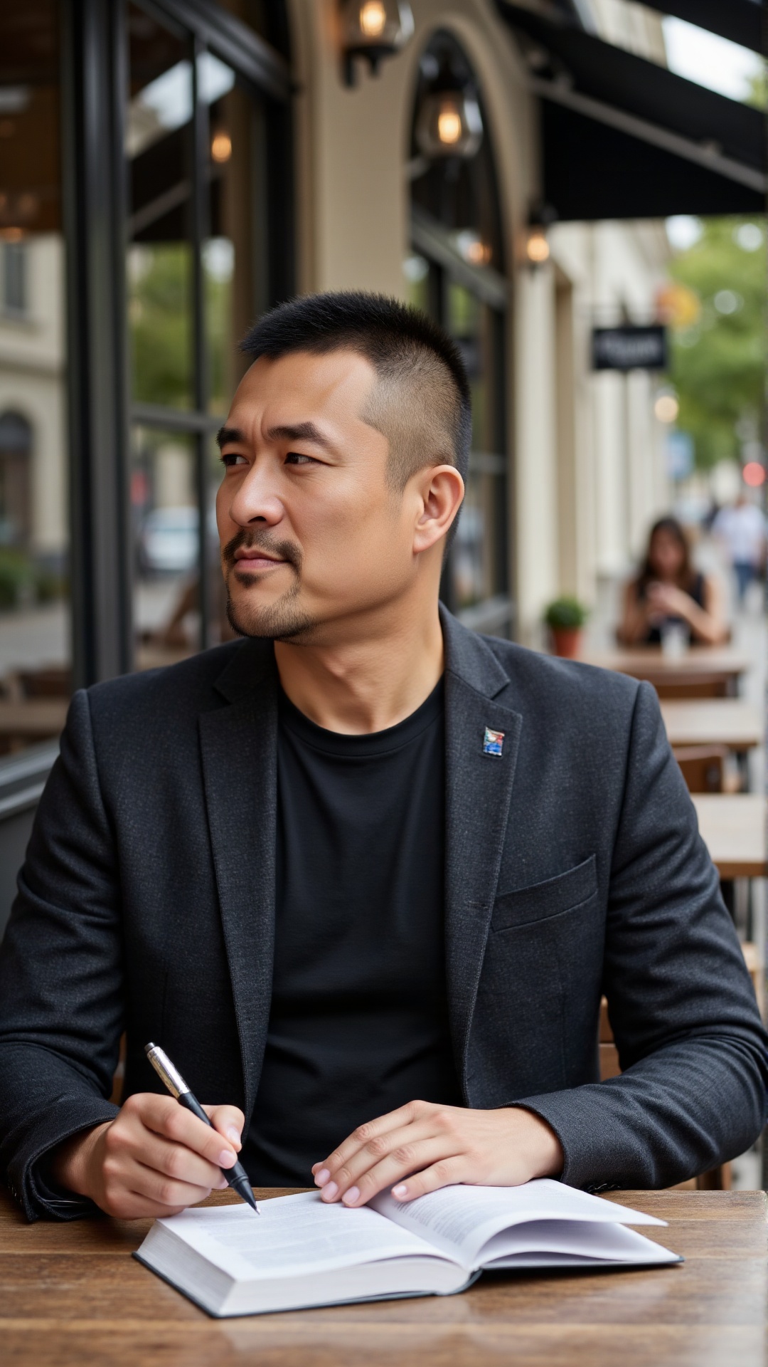 nsjs, A 37-year-old man with neat short hair, dressed in a dark, tailored blazer over a plain tee, sitting at an outdoor café table with a book in one hand and a pen in the other, pausing to nod at a passing neighbor—calm in his posture and a thoughtful spark in his eye, permeated with a composed, approachable masculinity