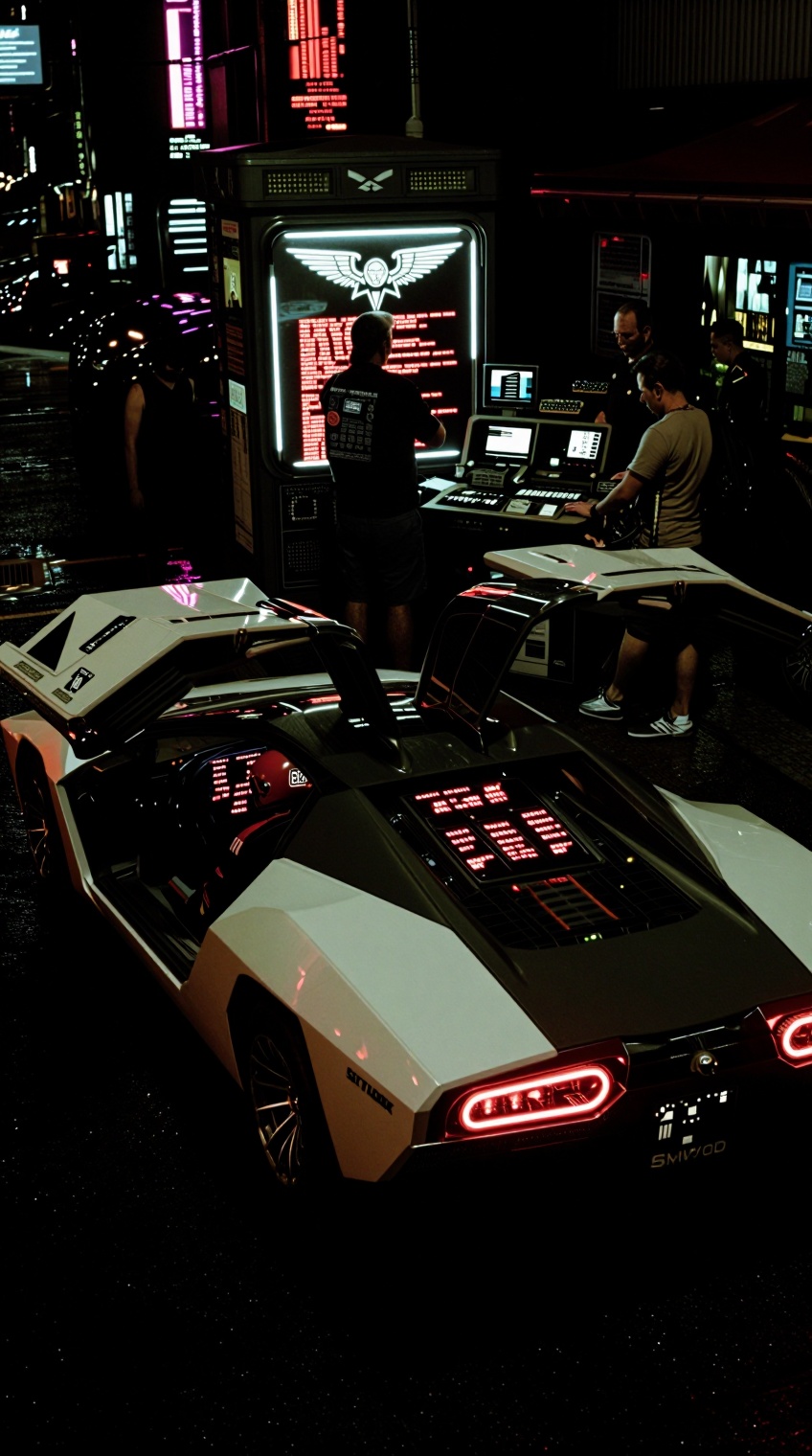 sci_m00d,  A sleek,  angular white and black sports car with glowing red taillights and illuminated dashboard displays sit...