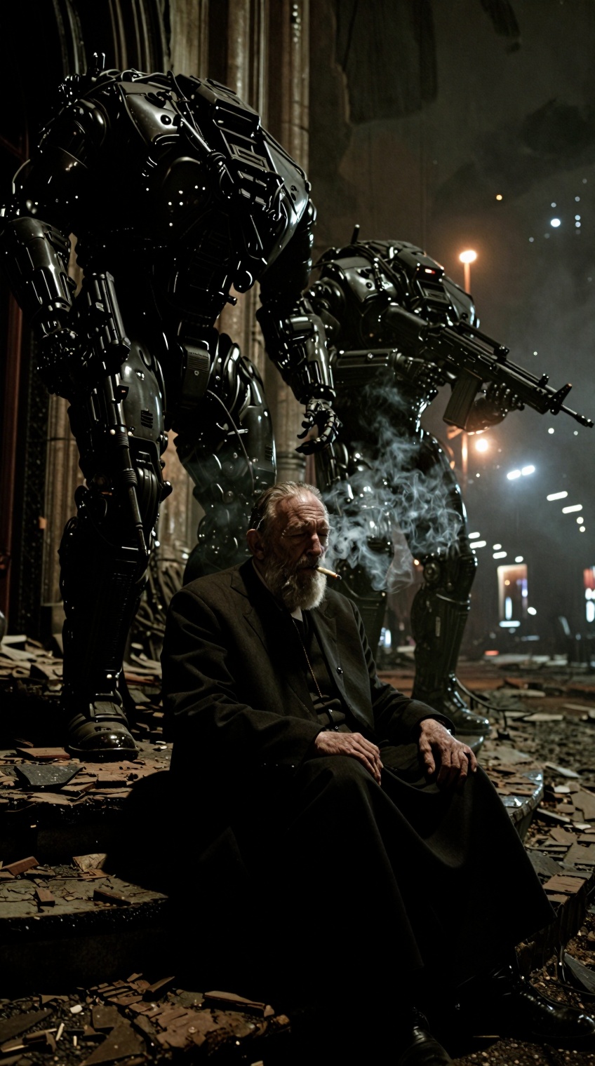 Ultra-cinematic post-apocalyptic sci-fi scene,  close-up shot on the steps of a ruined church. In the foreground,  an old...