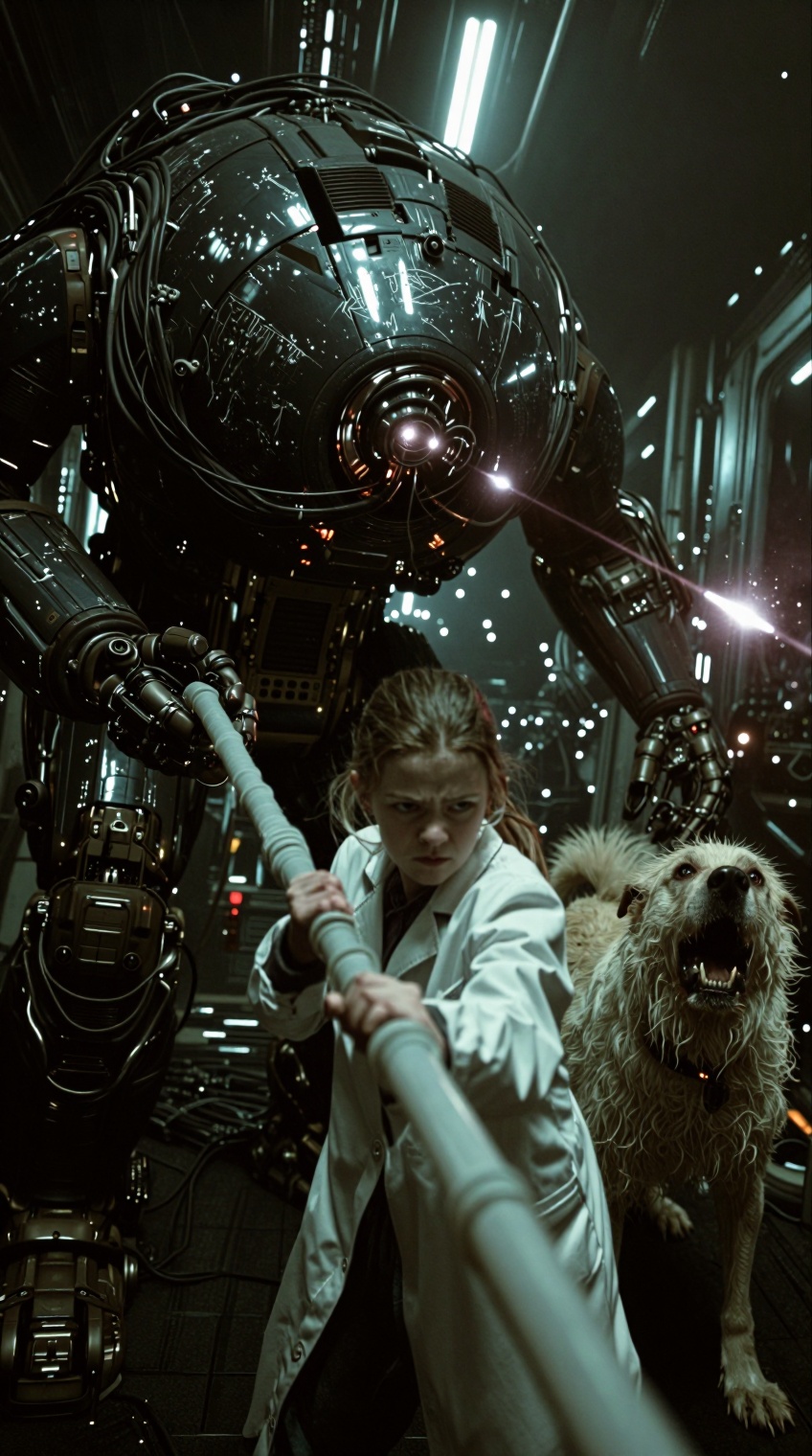 Ultra-cinematic sci-fi scene,  medium close-up shot inside a secret laboratory corridor. A young angry girl in a white med...