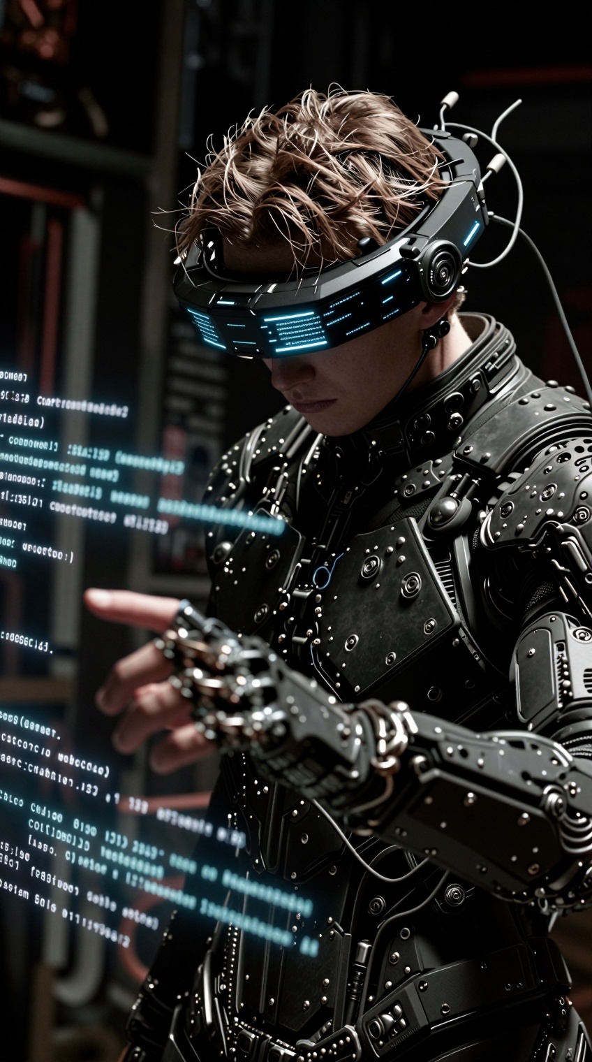 sci_m00d,  A young person with tousled light-brown hair wears a sleek,  black cybernetic headset with glowing blue interfa...
