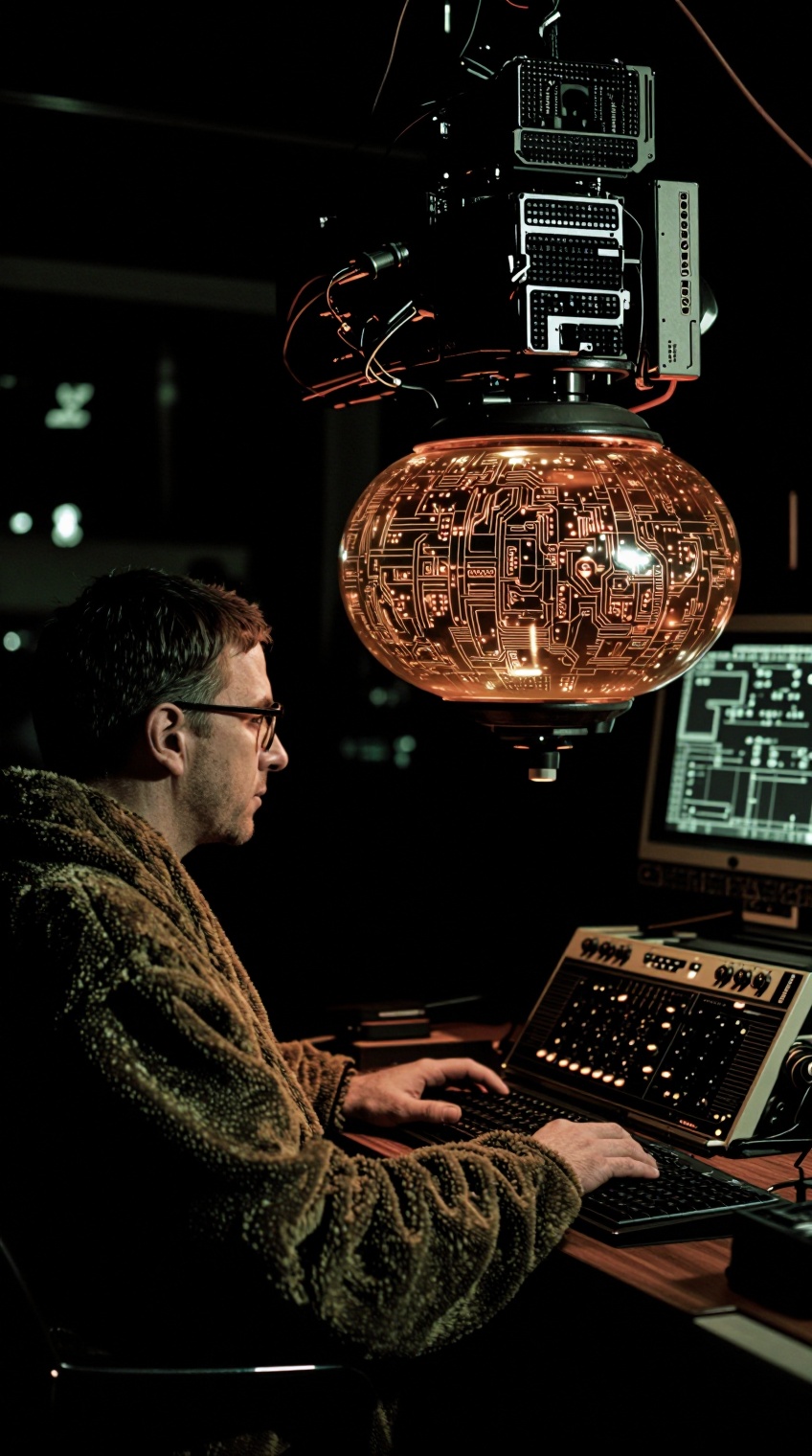 A man in profile,  wearing glasses and a textured olive-green robe,  sits at a desk typing on a black keyboard. Above him...