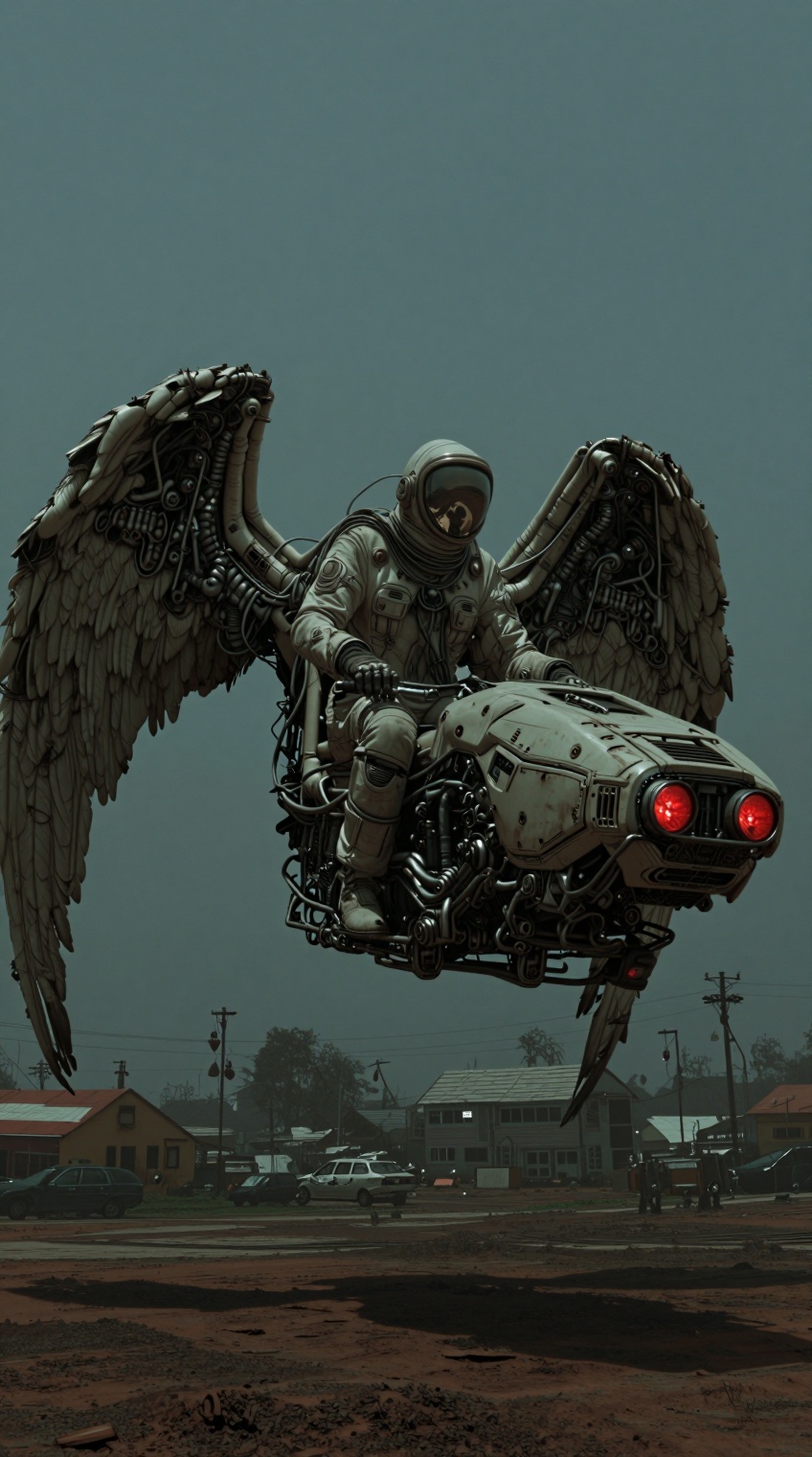 A figure in a white,  weathered spacesuit with a reflective visor sits astride a hovering,  futuristic motorcycle on Tenso...