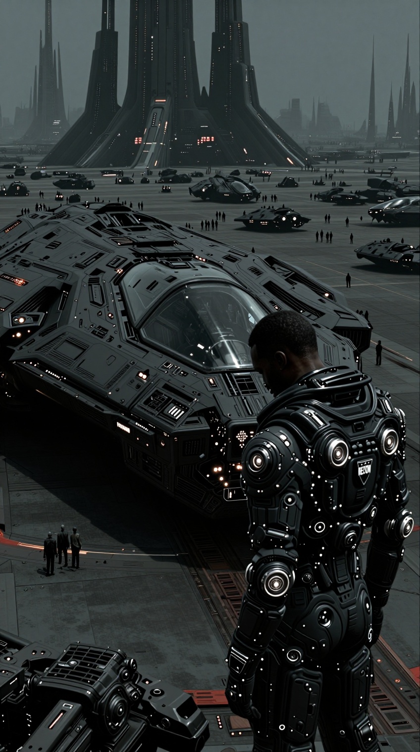 sci_m00d,  A Black man in sleek,  black armored exosuit with glowing circular joints and a “RECON” insignia stands in prof...